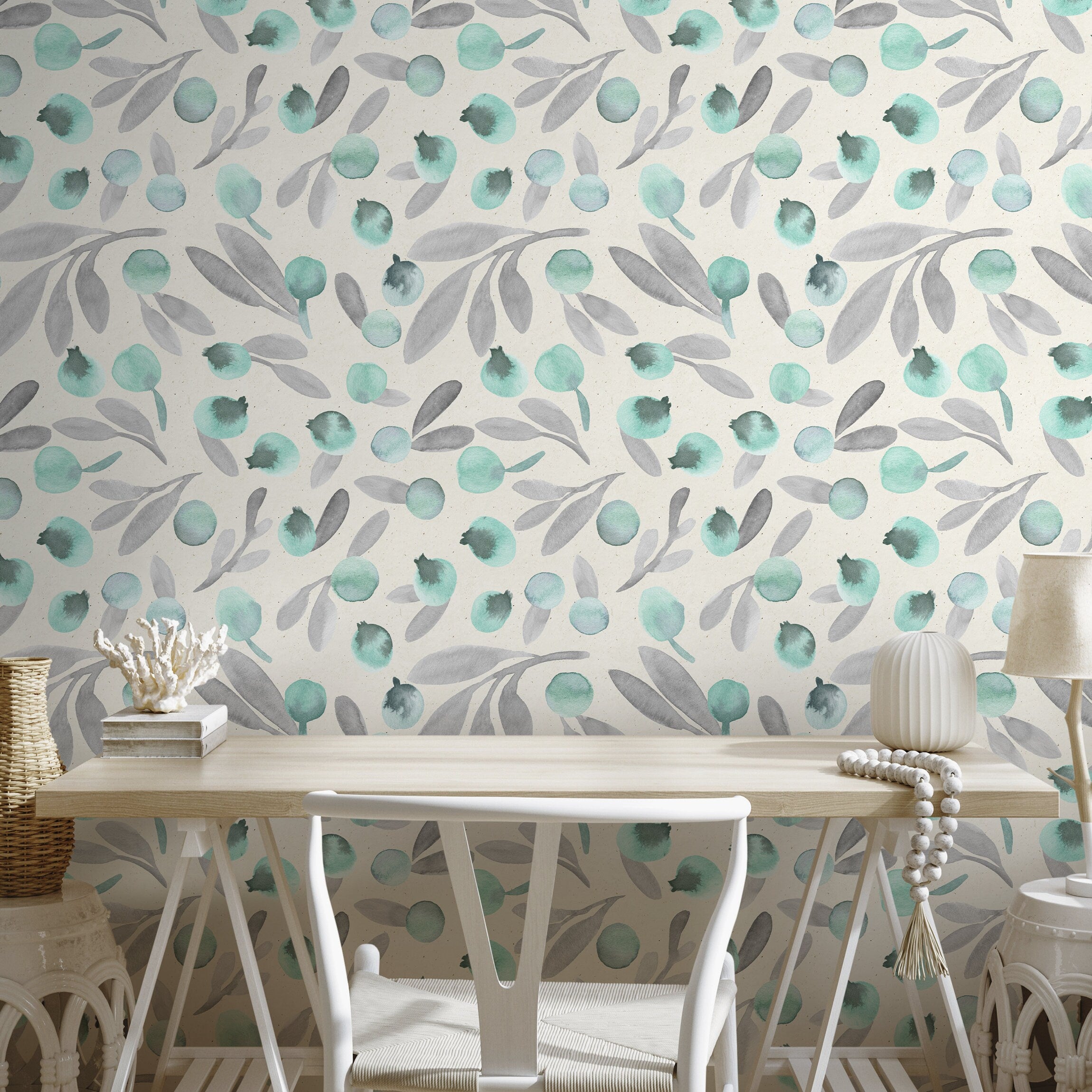 Botanical Wallpaper With A Watercolor Berry Motif In Mint Green And Gray - A321