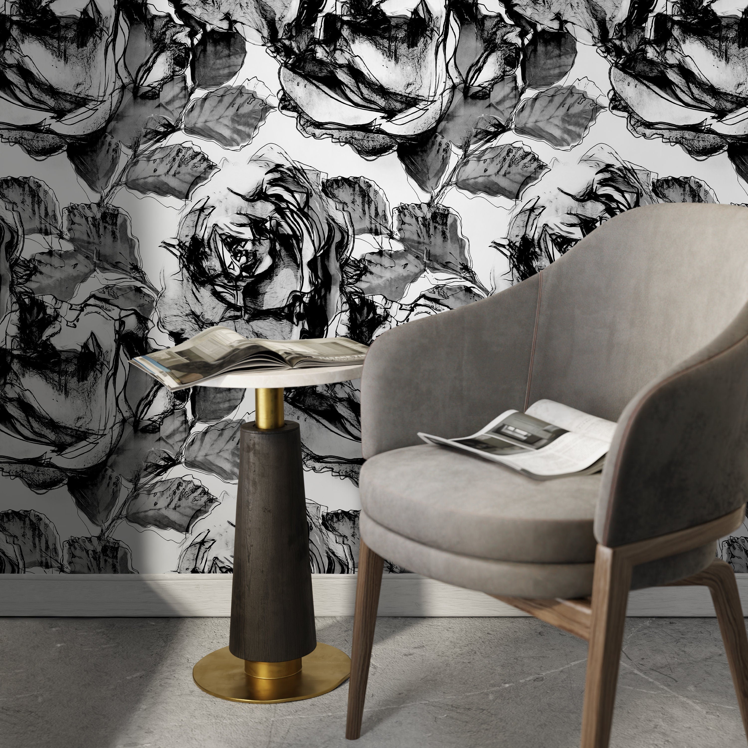 Floral Wallpaper With Abstract Sketched Roses In Black, White, And Gray - A403