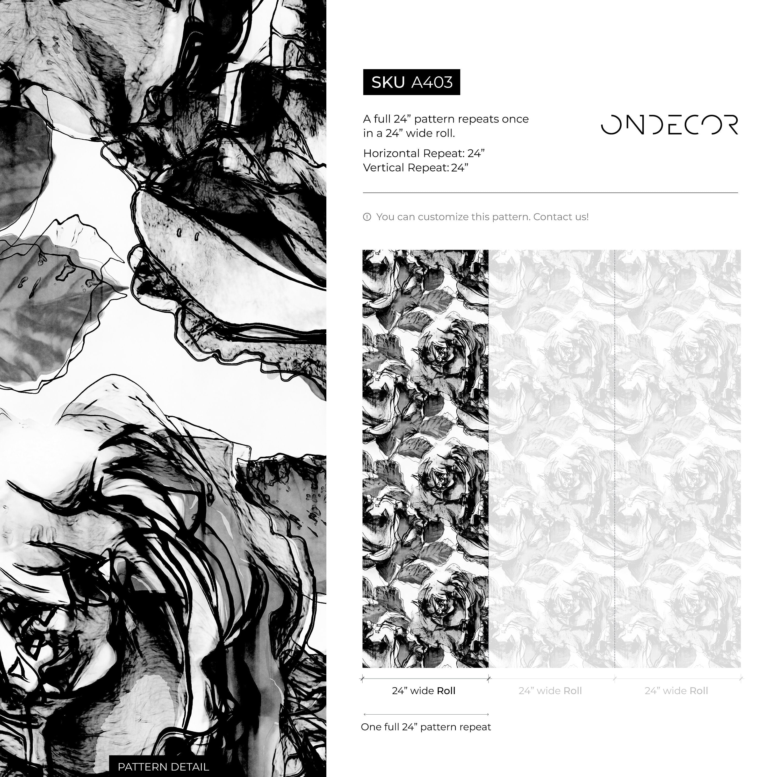 Floral Wallpaper With Abstract Sketched Roses In Black, White, And Gray - A403