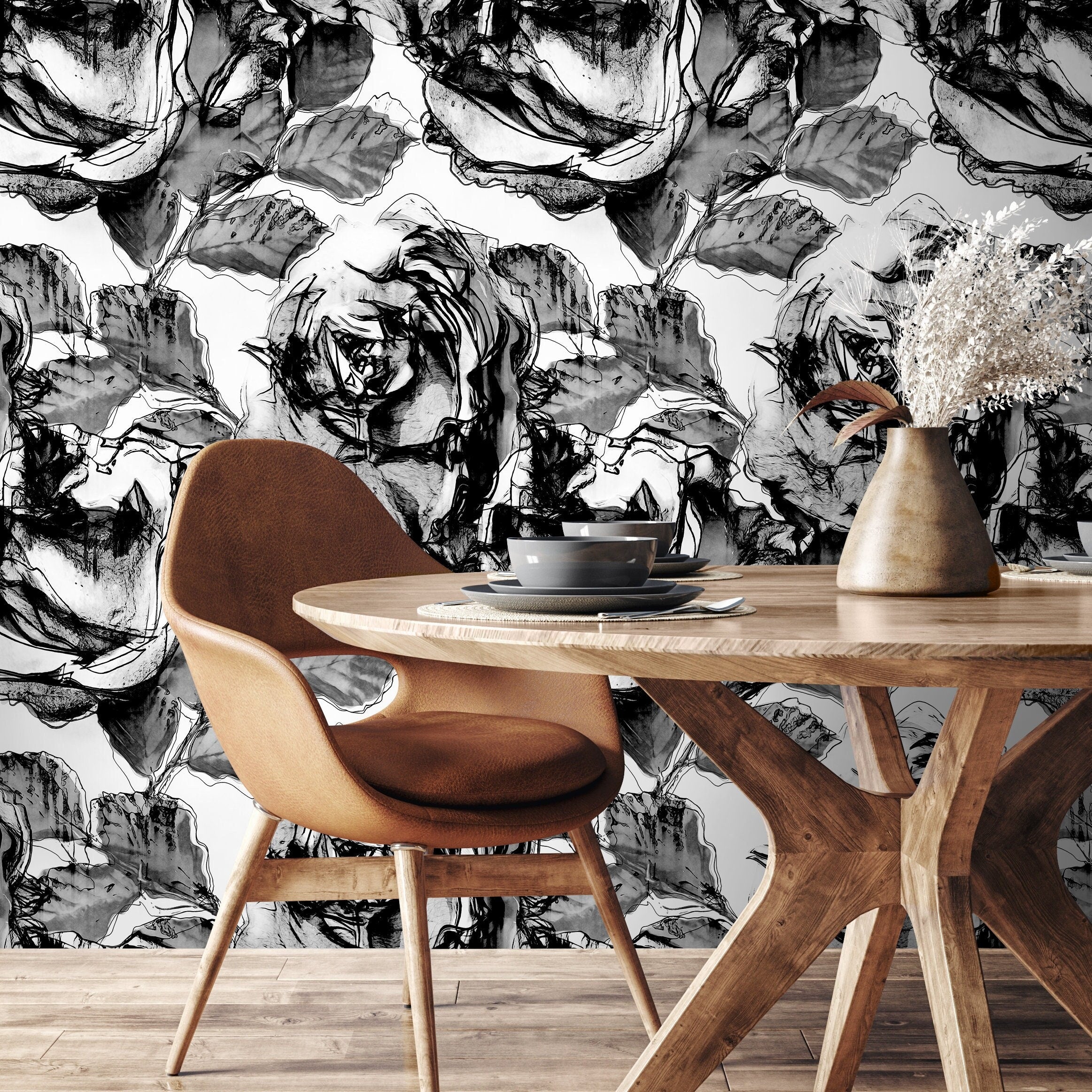 Floral Wallpaper With Abstract Sketched Roses In Black, White, And Gray - A403