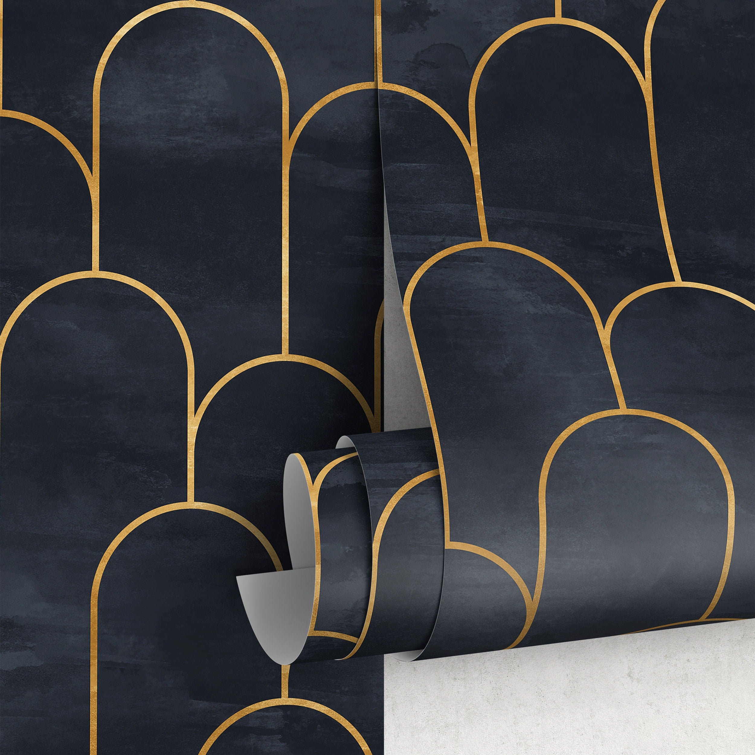 Art Deco Wallpaper With A Geometric Arch Pattern In Navy Blue And Gold - A476