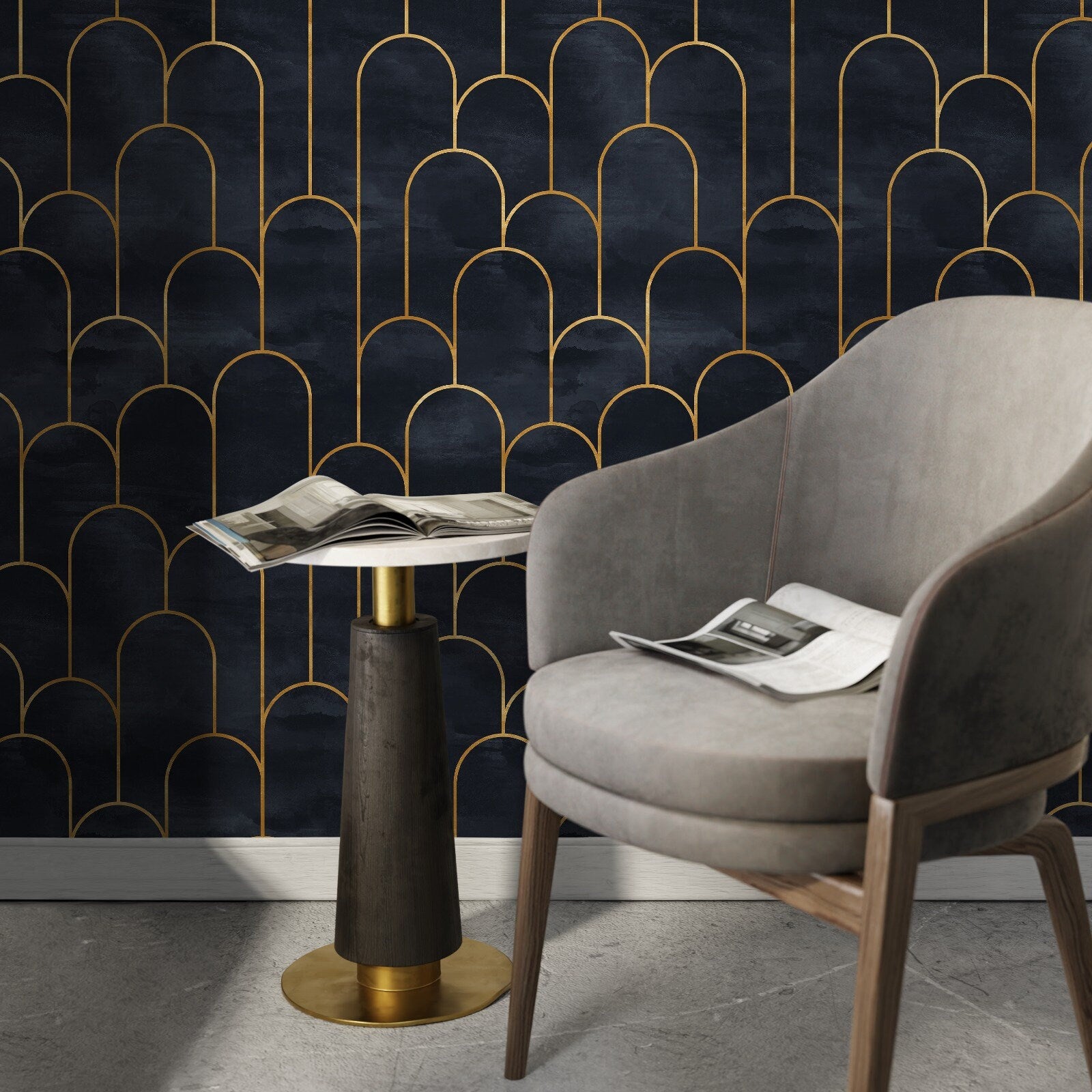 Art Deco Wallpaper With A Geometric Arch Pattern In Navy Blue And Gold - A476