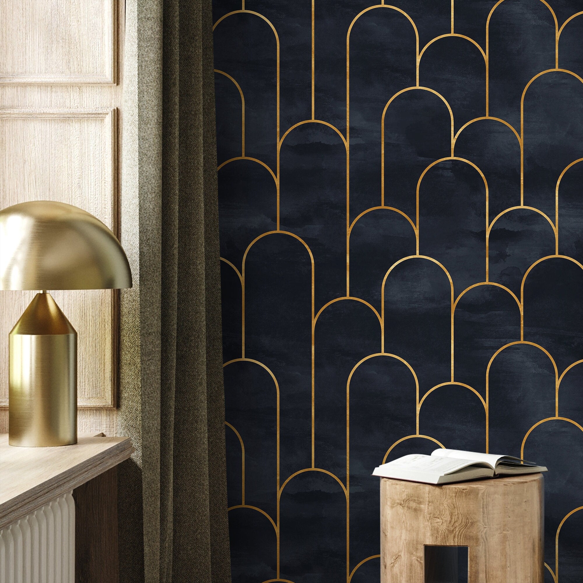 Art Deco Wallpaper With A Geometric Arch Pattern In Navy Blue And Gold - A476