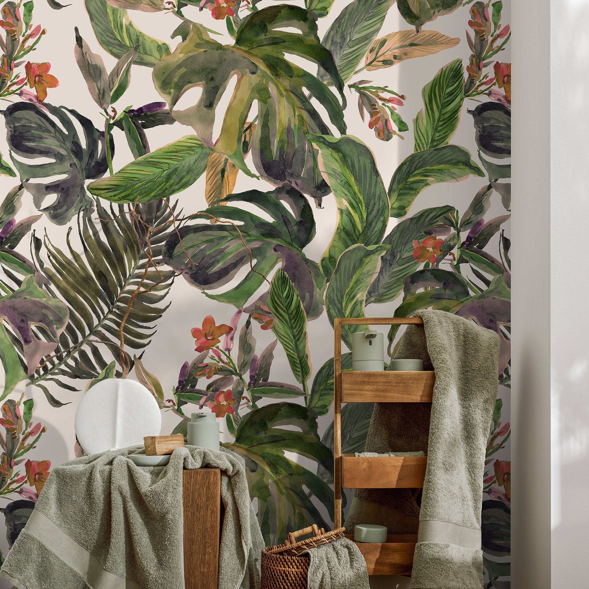 Botanical Wallpaper With Watercolor Monstera Leaves In Green, Purple, And Red - A487