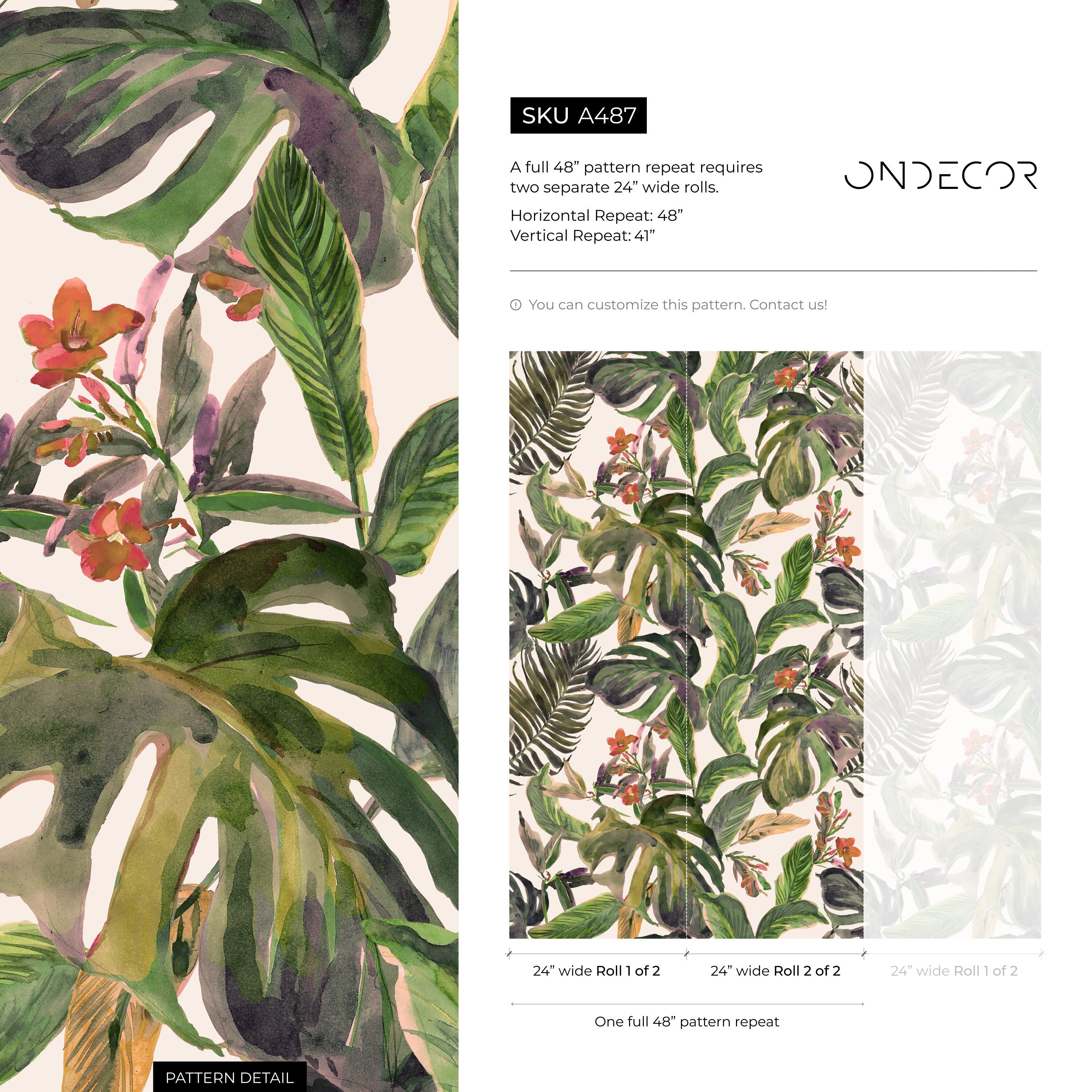 Botanical Wallpaper With Watercolor Monstera Leaves In Green, Purple, And Red - A487