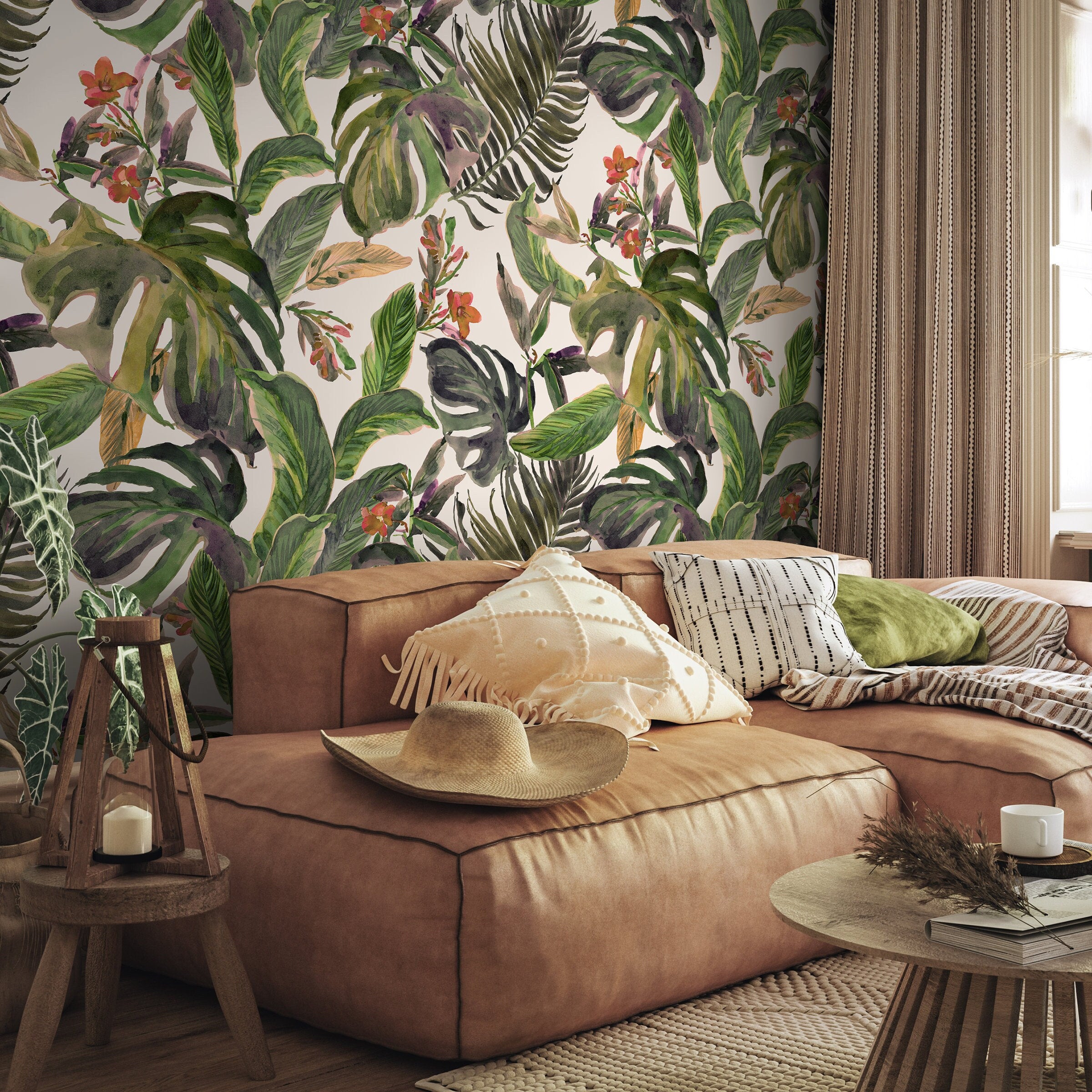 Botanical Wallpaper With Watercolor Monstera Leaves In Green, Purple, And Red - A487