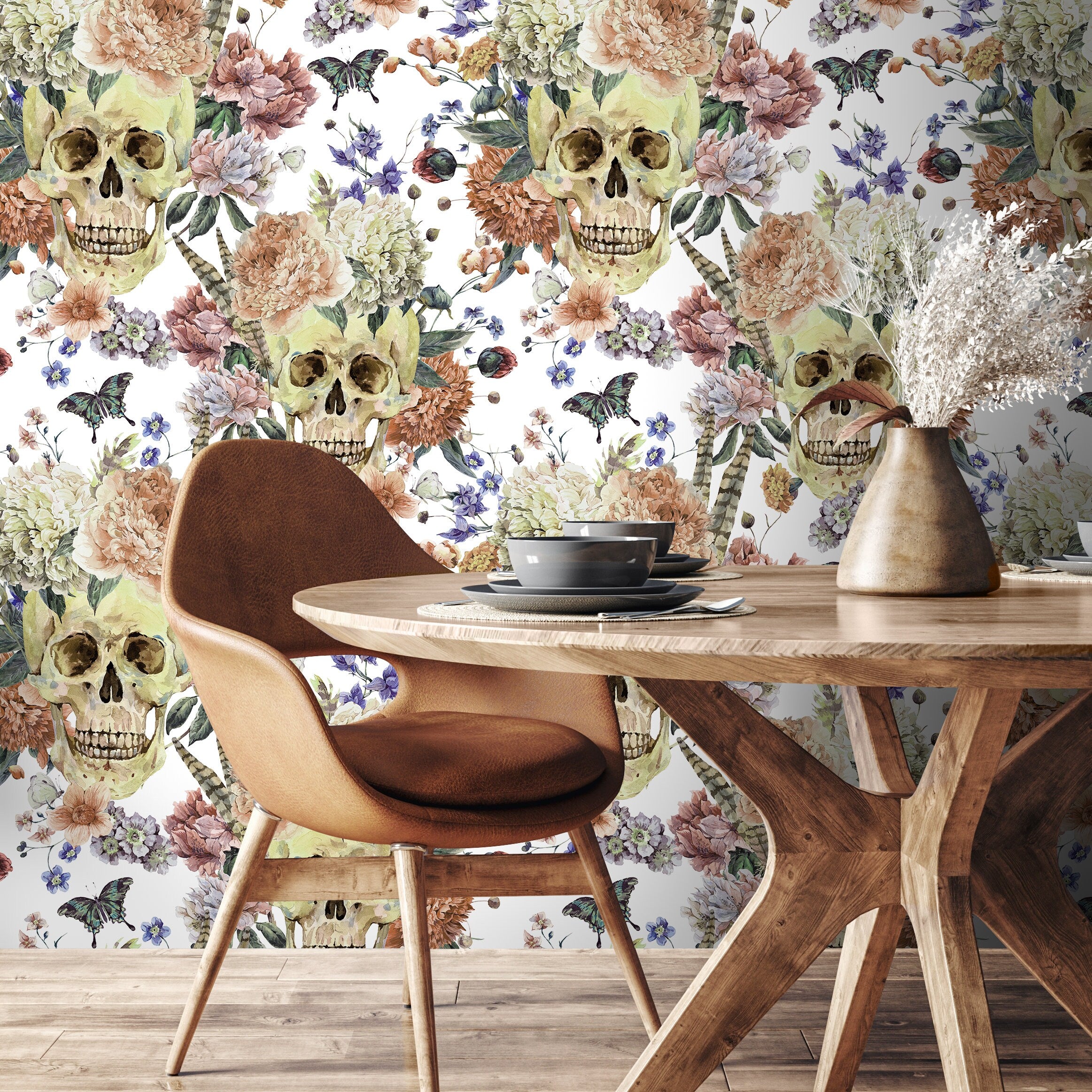 Floral Wallpaper With A Gothic Skull Motif In Peach, Purple, And Tan - D923