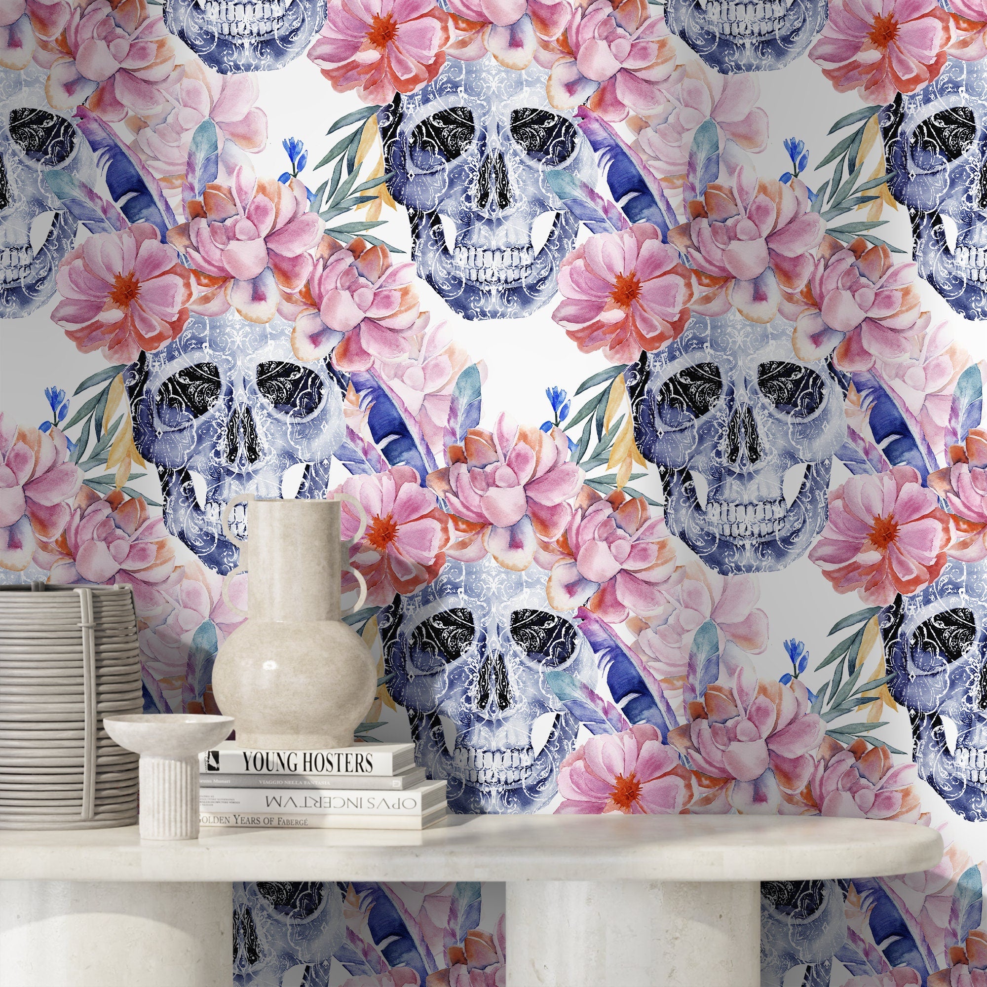 Floral Wallpaper With Ornamental Skulls In Blue, Pink, And Orange - D924