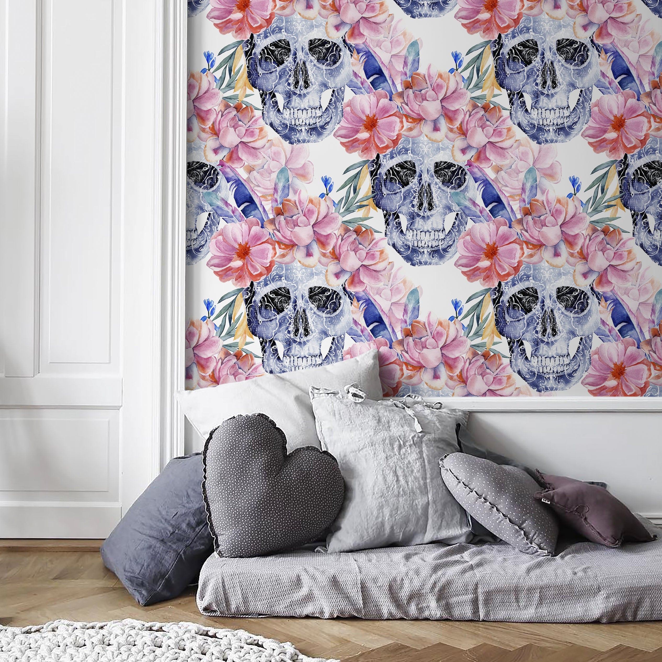 Floral Wallpaper With Ornamental Skulls In Blue, Pink, And Orange - D924