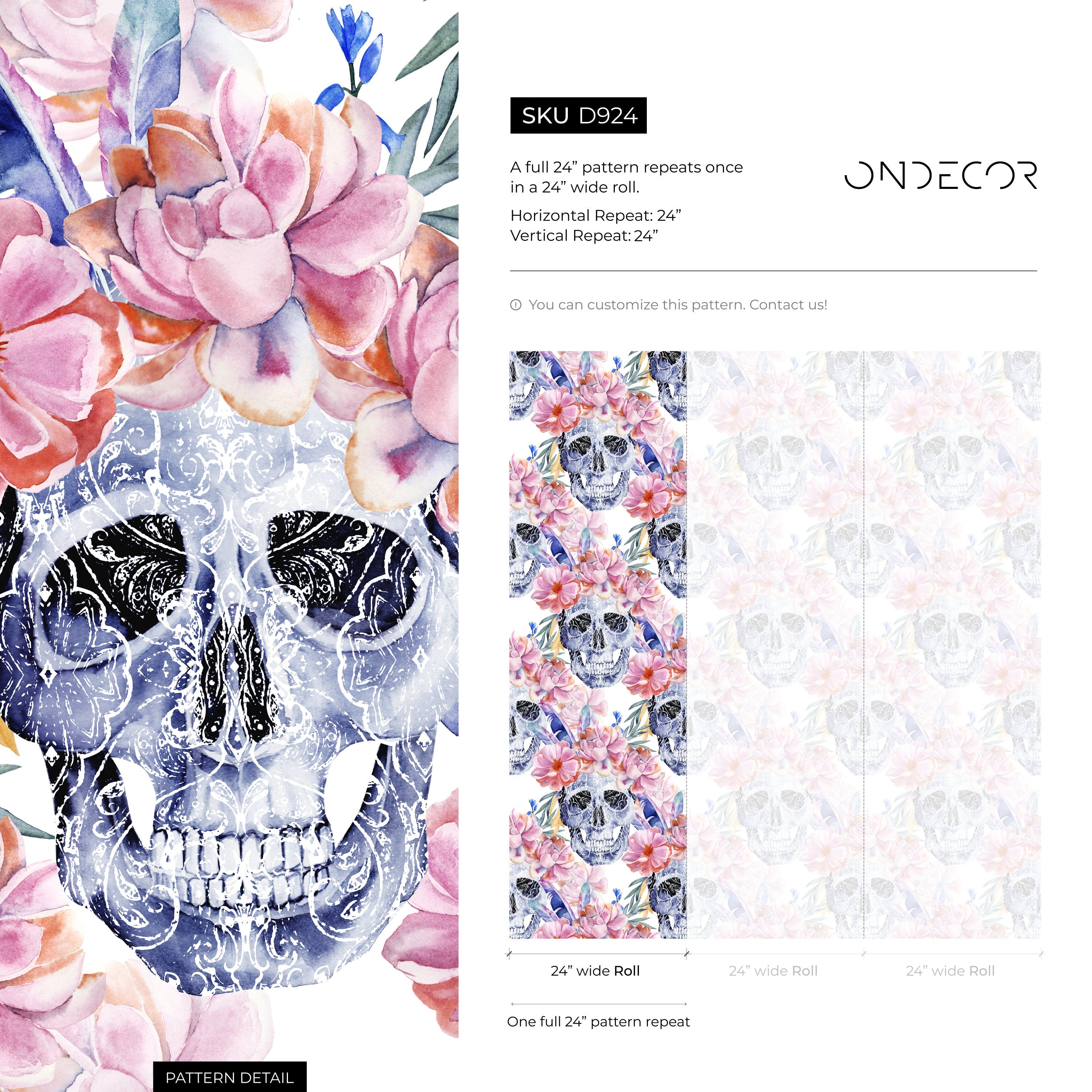 Floral Wallpaper With Ornamental Skulls In Blue, Pink, And Orange - D924