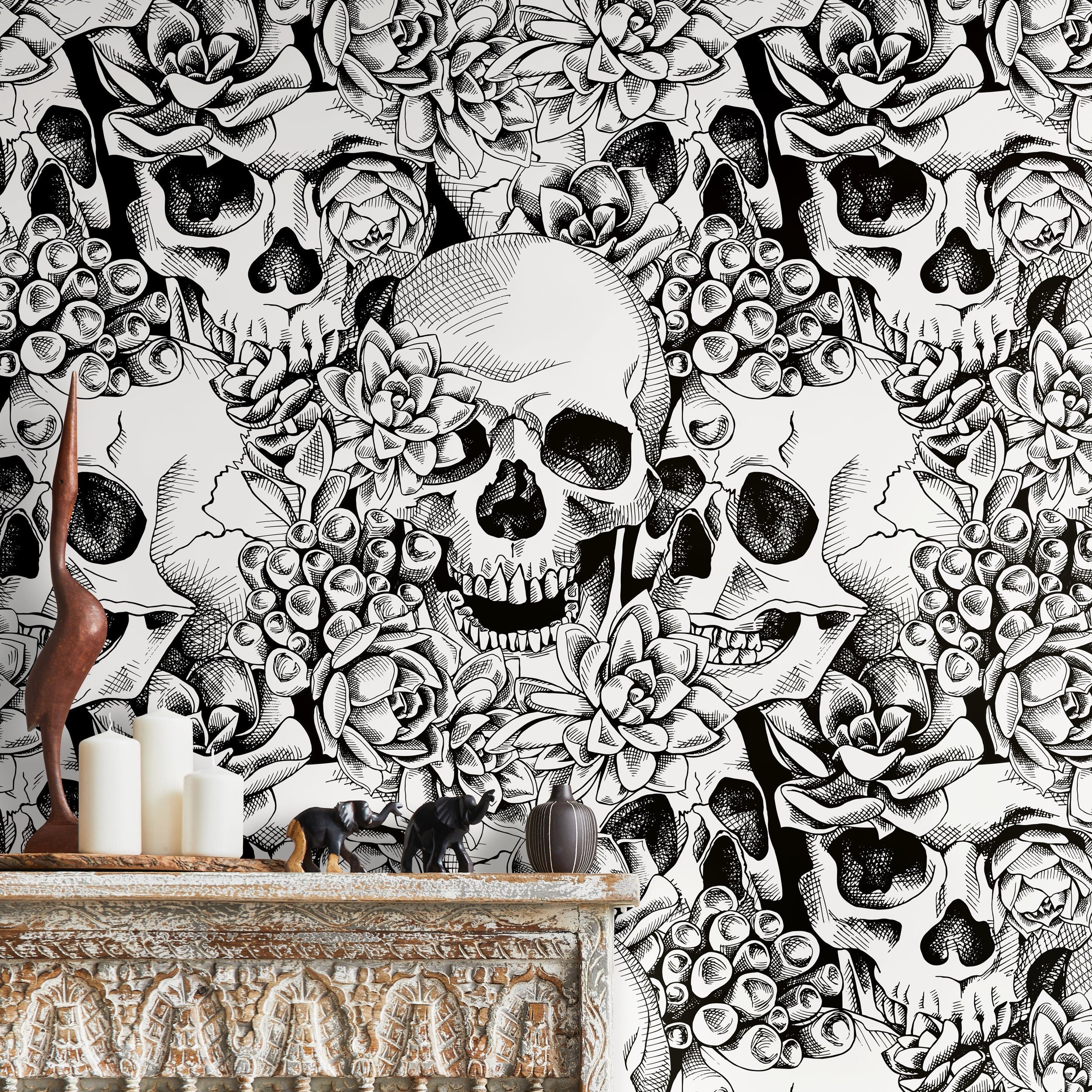 Gothic Wallpaper With Skulls And Succulents In Black And White - D866