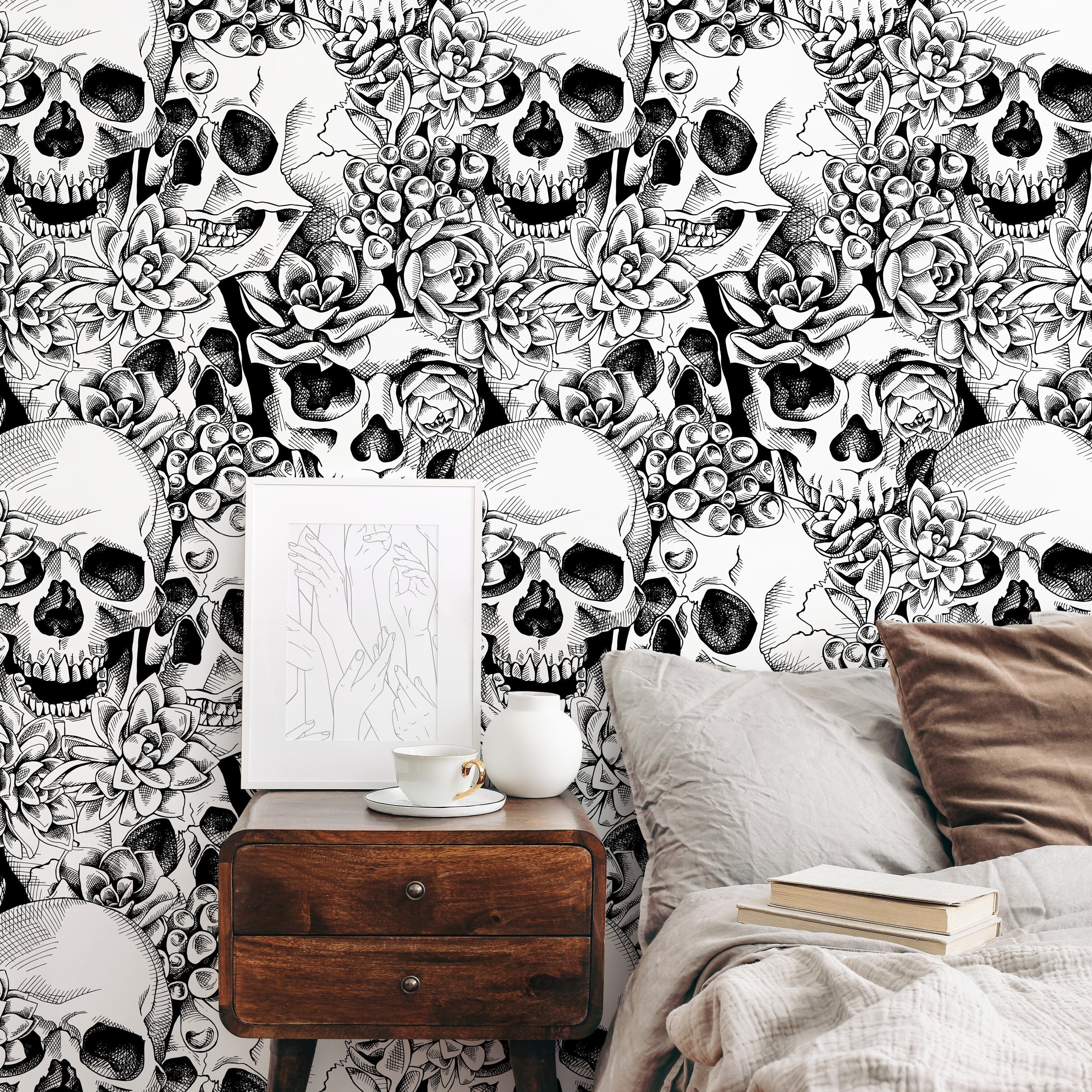 Gothic Wallpaper With Skulls And Succulents In Black And White - D866