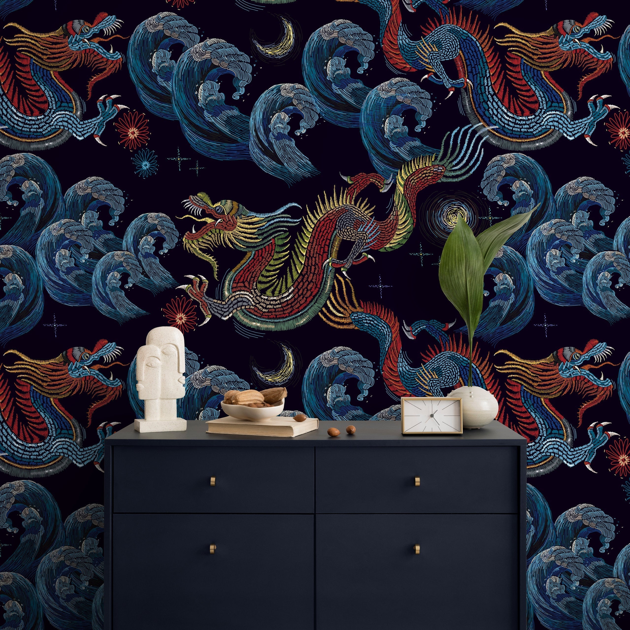 Chinoiserie Wallpaper With An Embroidered Dragon In Red, Blue, And Yellow - D875