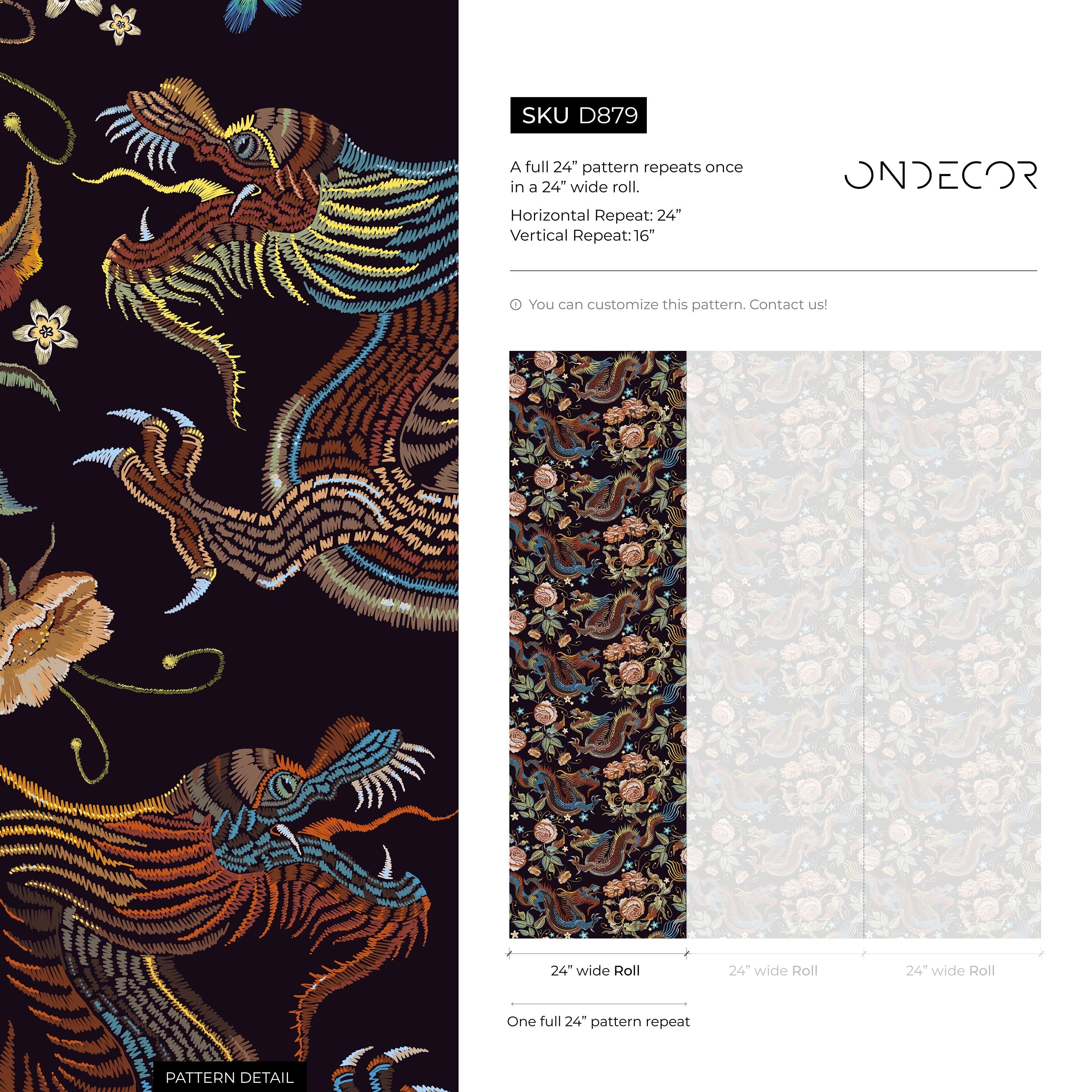 Chinoiserie Wallpaper With Dragons And Roses In Blue, Brown, And Orange - D879