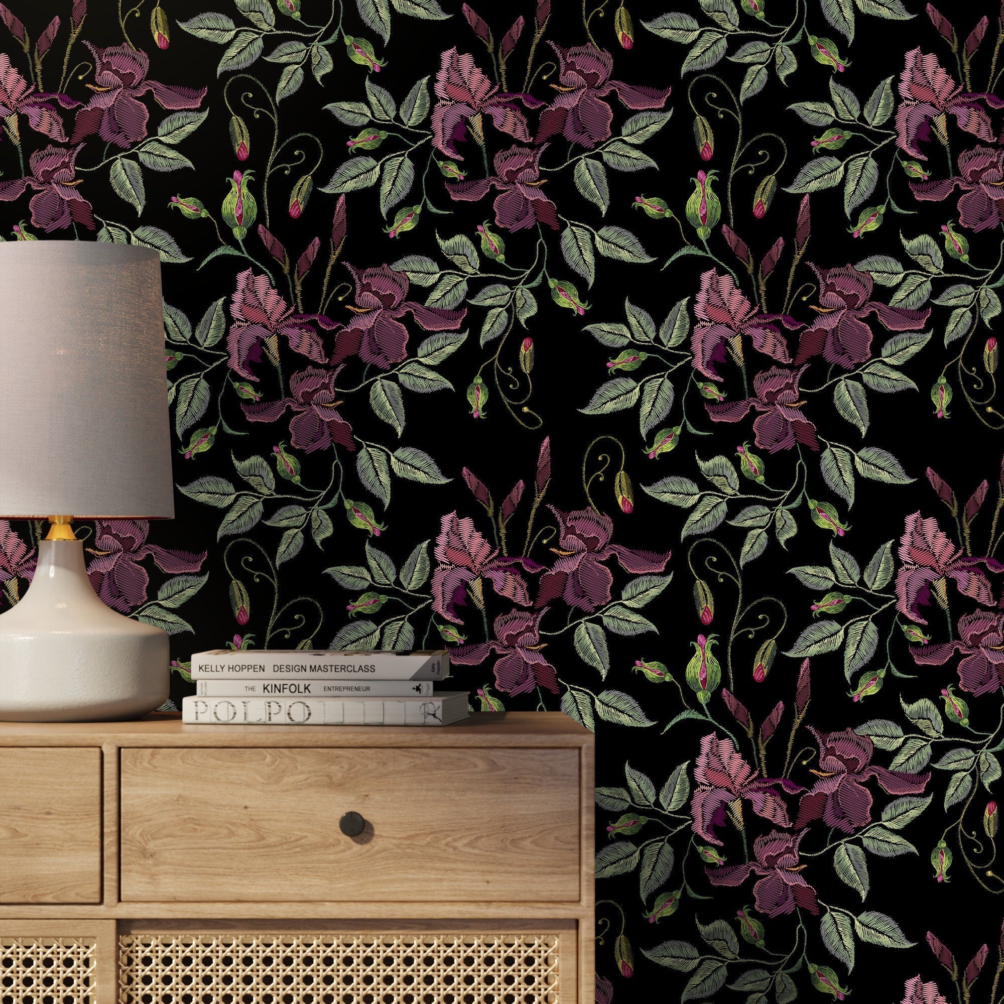 Floral Wallpaper With An Embroidered Iris Motif In Purple, Pink, And Green - D868