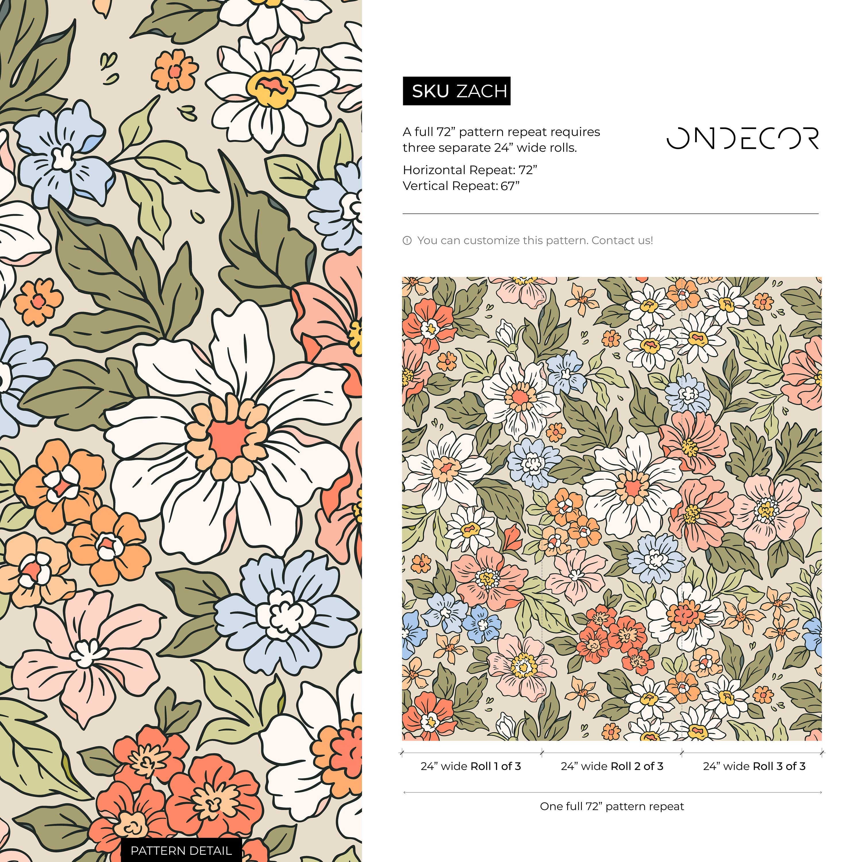 Floral Wallpaper Featuring A Retro Flower Meadow In Coral, Blue, And Green - Zach
