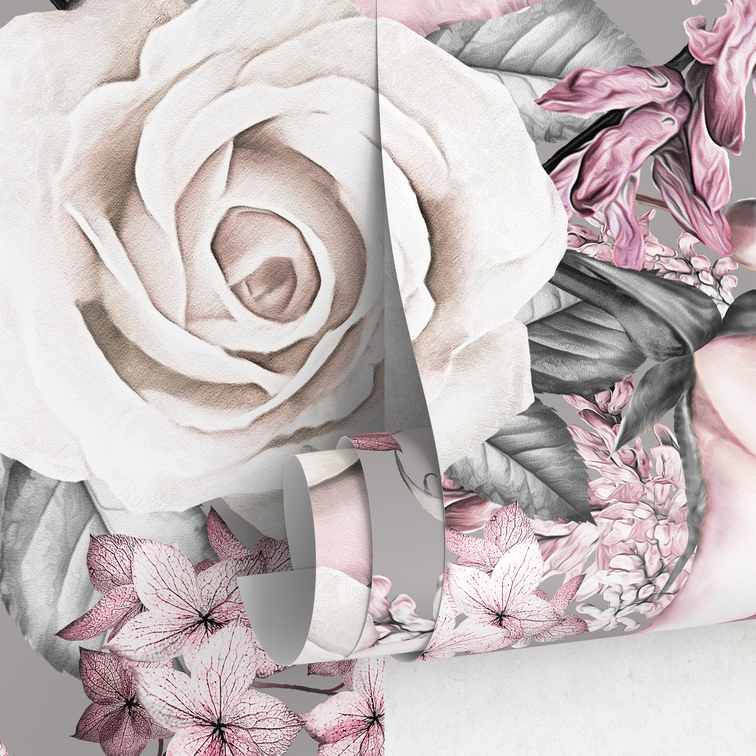 Floral Wallpaper With Roses And Hydrangeas In Pink, Gray, And White - A548