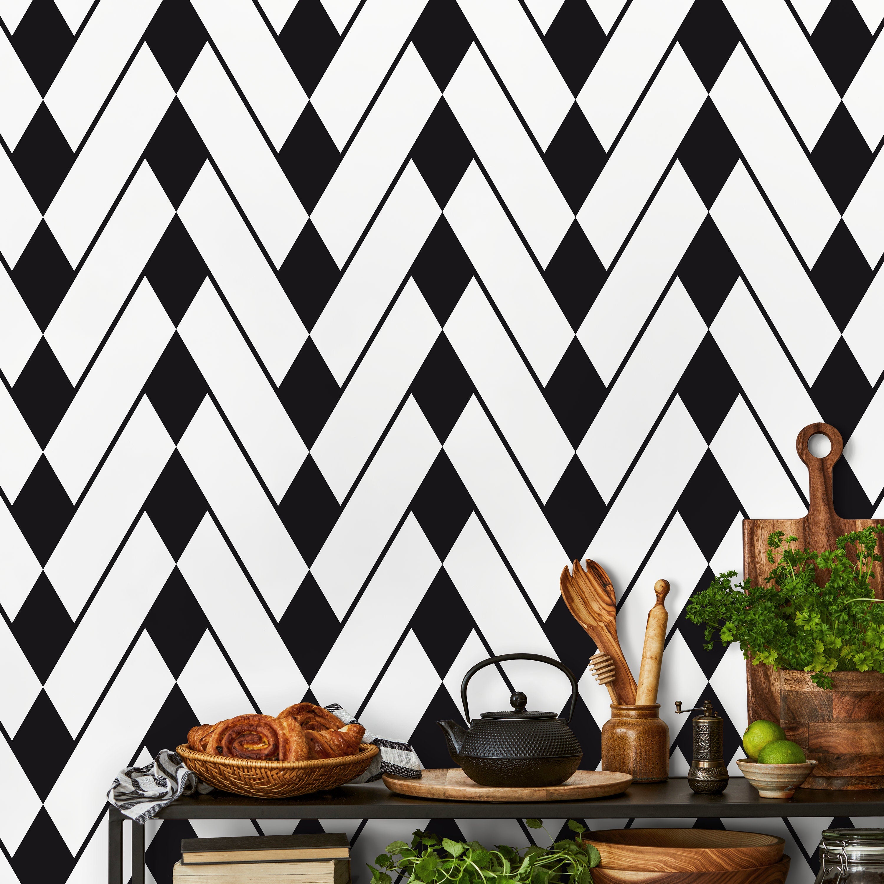 Geometric Wallpaper With A Diamond Chevron Motif In Black And White - A327