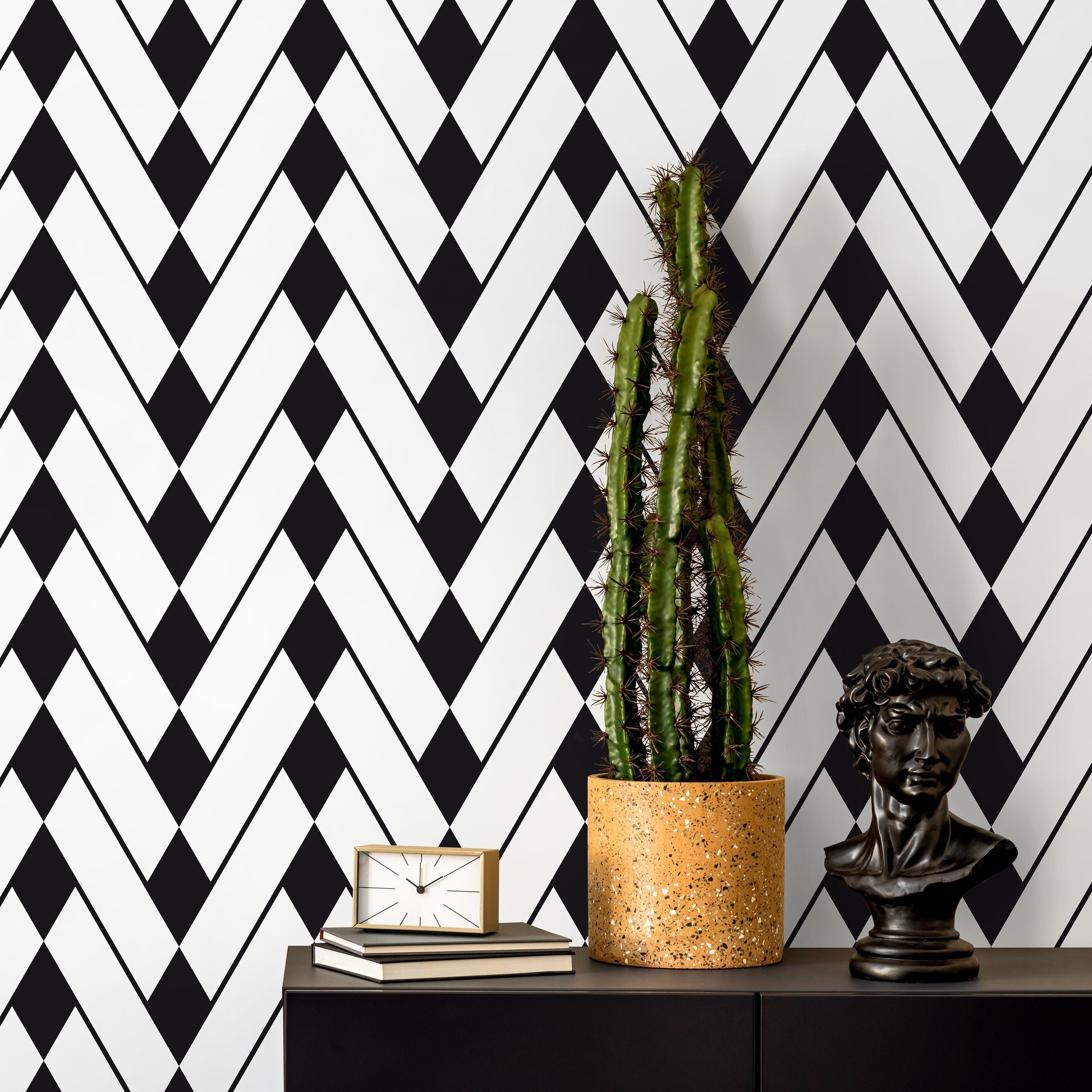 Geometric Wallpaper With A Diamond Chevron Motif In Black And White - A327