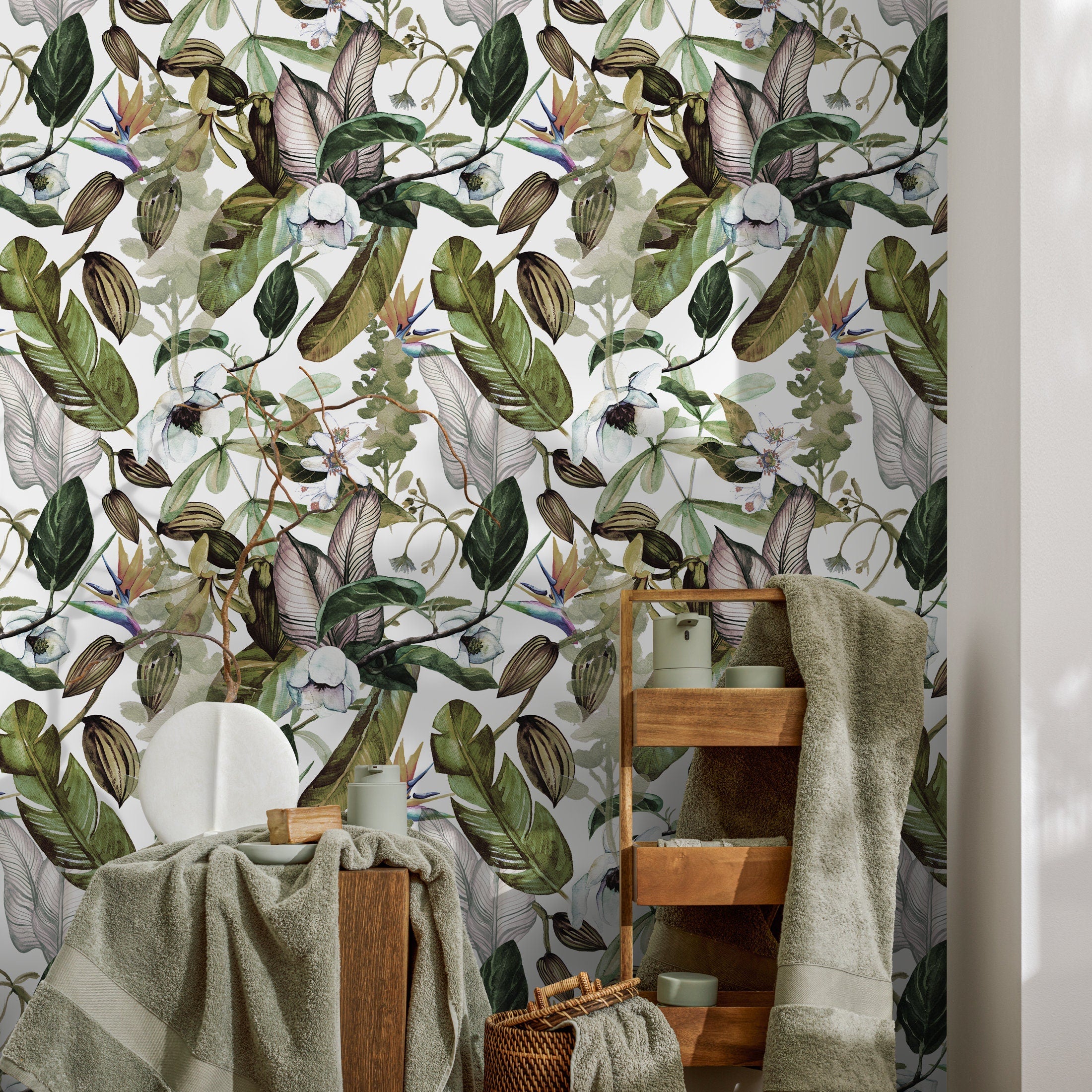 Botanical Wallpaper With A Lush Tropical Motif In Green, Brown, And Purple - A741
