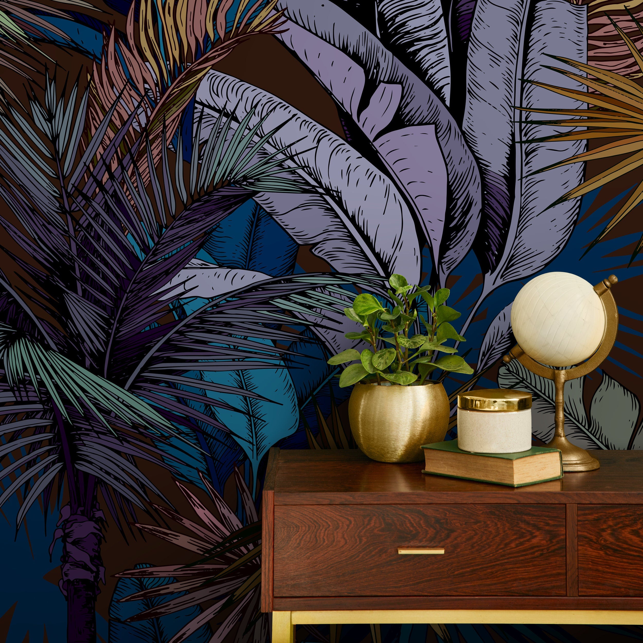 Tropical Wallpaper With Lush Palm Fronds In Blue, Purple, And Gold - A763