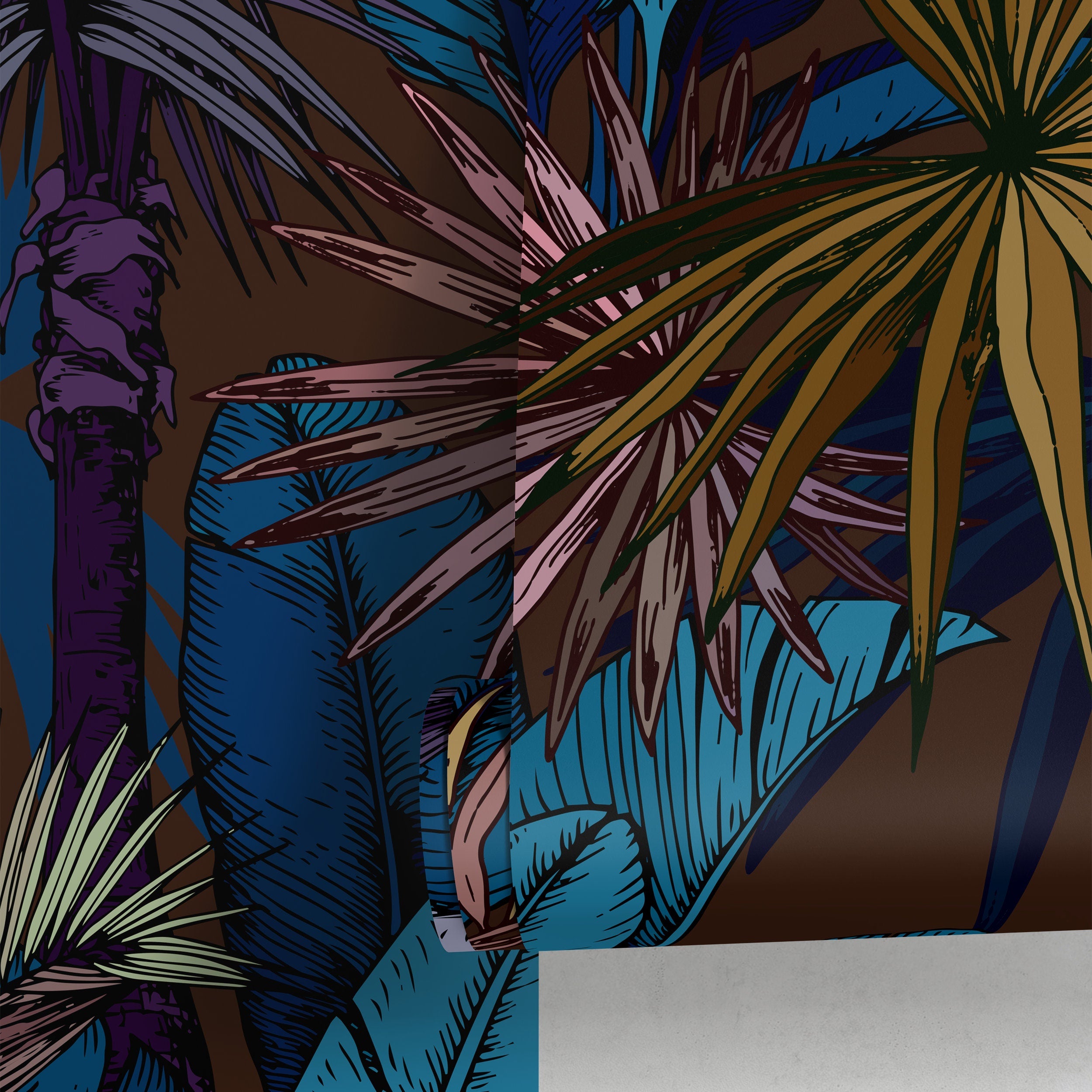 Tropical Wallpaper With Lush Palm Fronds In Blue, Purple, And Gold - A763