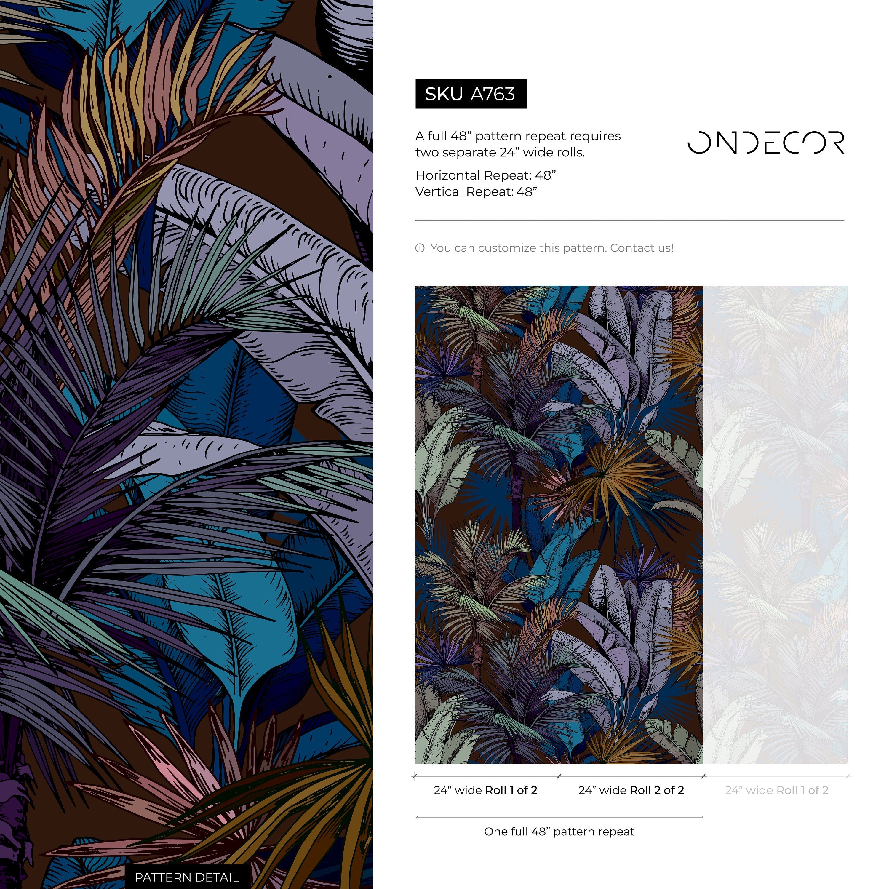 Tropical Wallpaper With Lush Palm Fronds In Blue, Purple, And Gold - A763