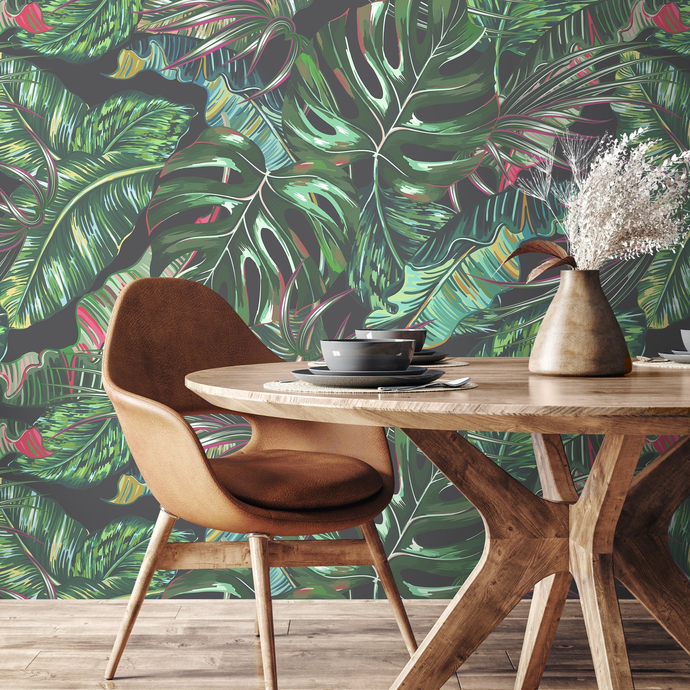 Tropical Wallpaper With A Lush Jungle Leaf Motif In Green And Pink - A777