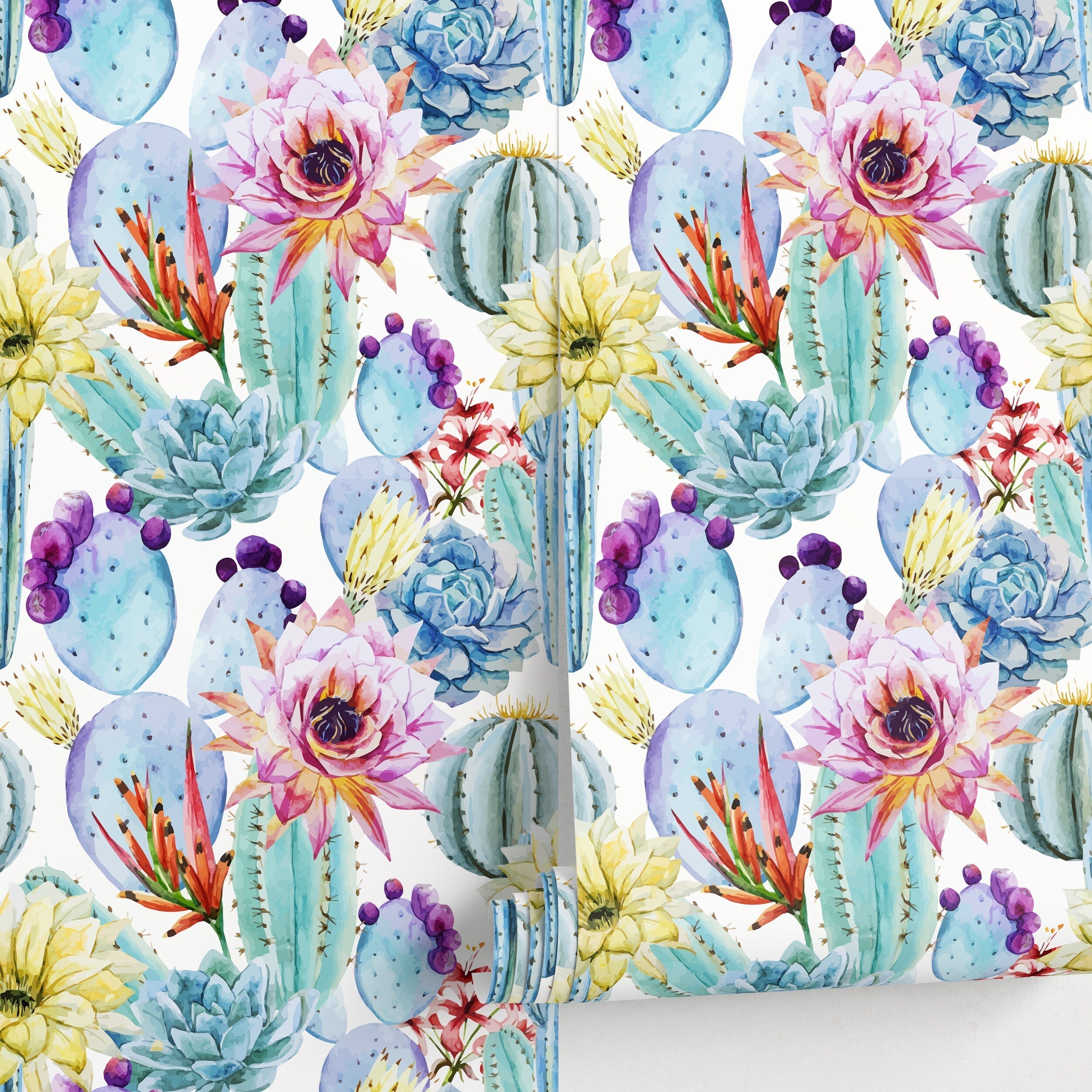 Cactus Wallpaper With A Watercolor Floral Motif In Blue, Pink, And Yellow - A304