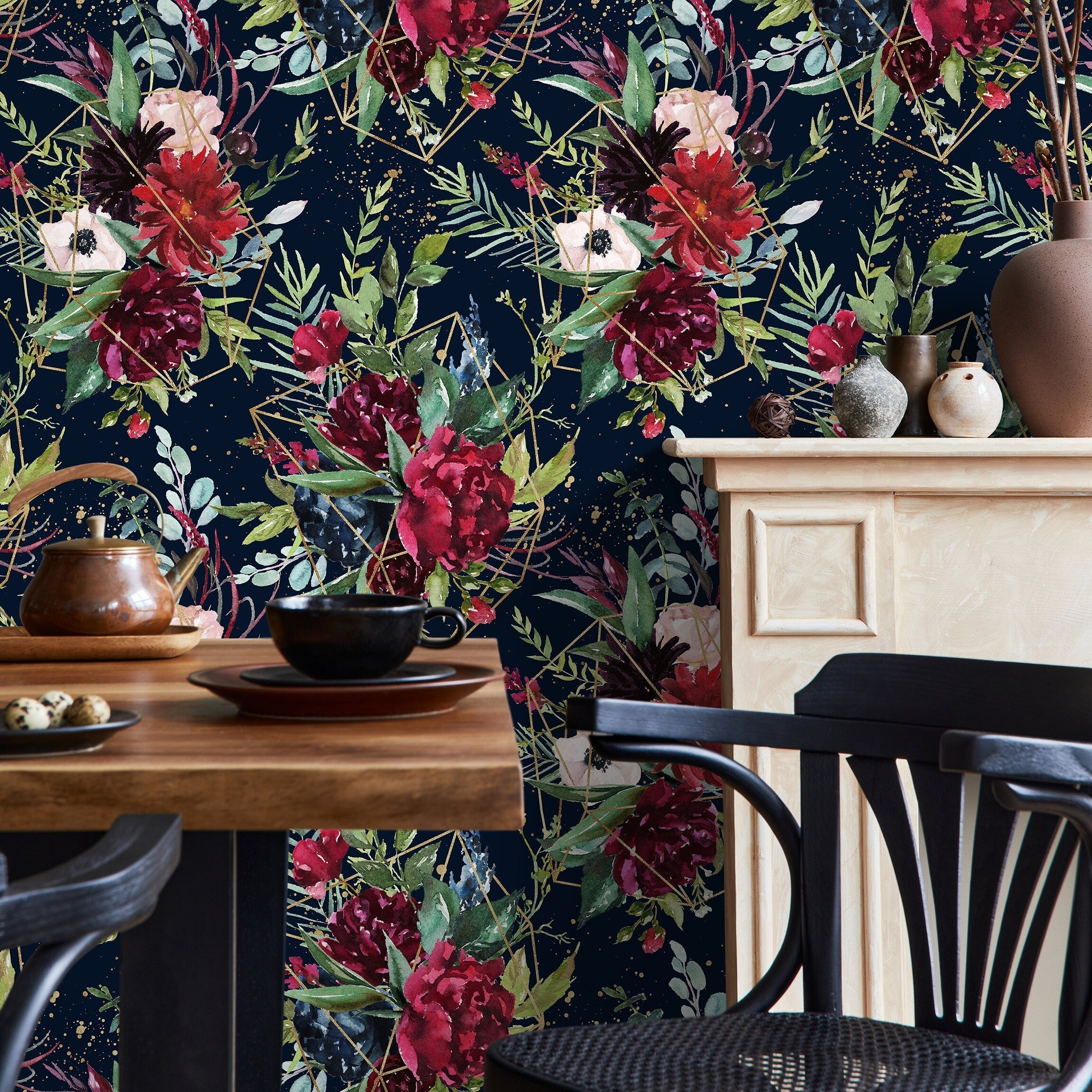Floral Wallpaper With Geometric Gold Lines In Navy, Red, And Green - A833