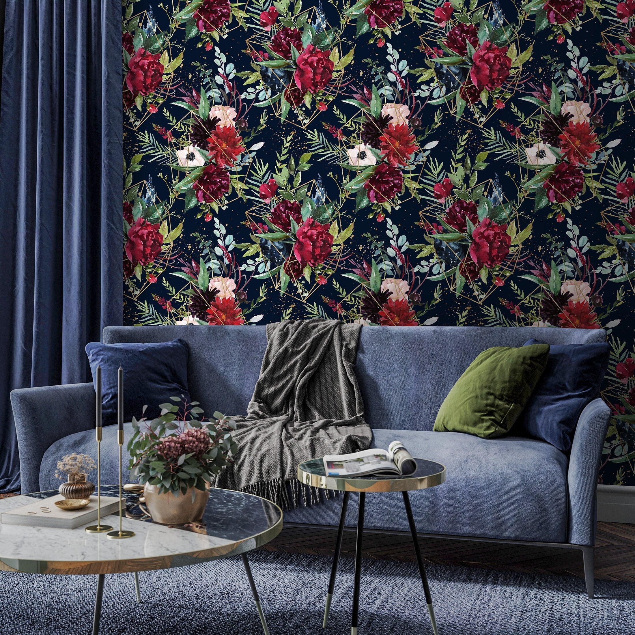 Floral Wallpaper With Geometric Gold Lines In Navy, Red, And Green - A833