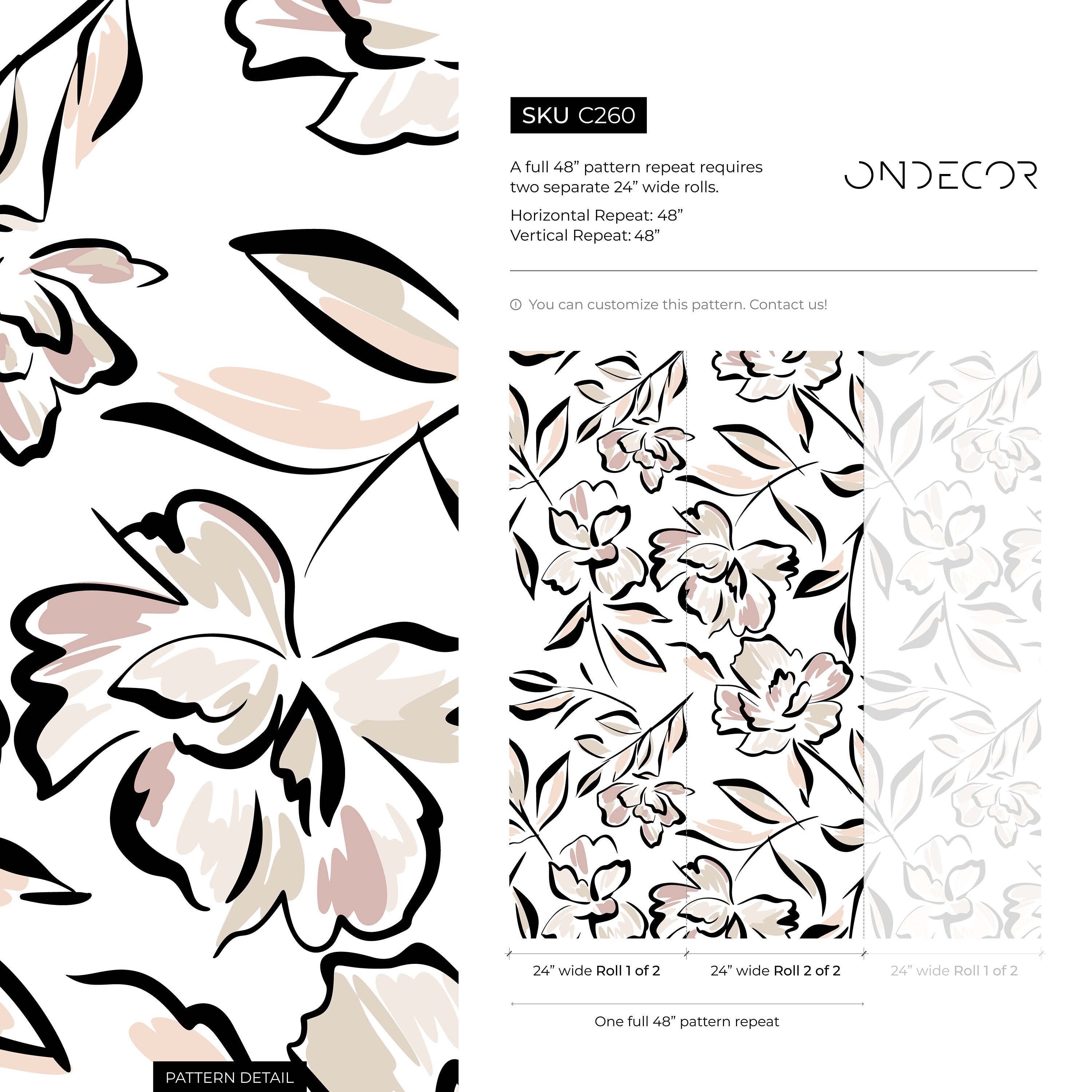 Floral Wallpaper With A Modern Sketch Motif In Black, Pink, And Beige - C260