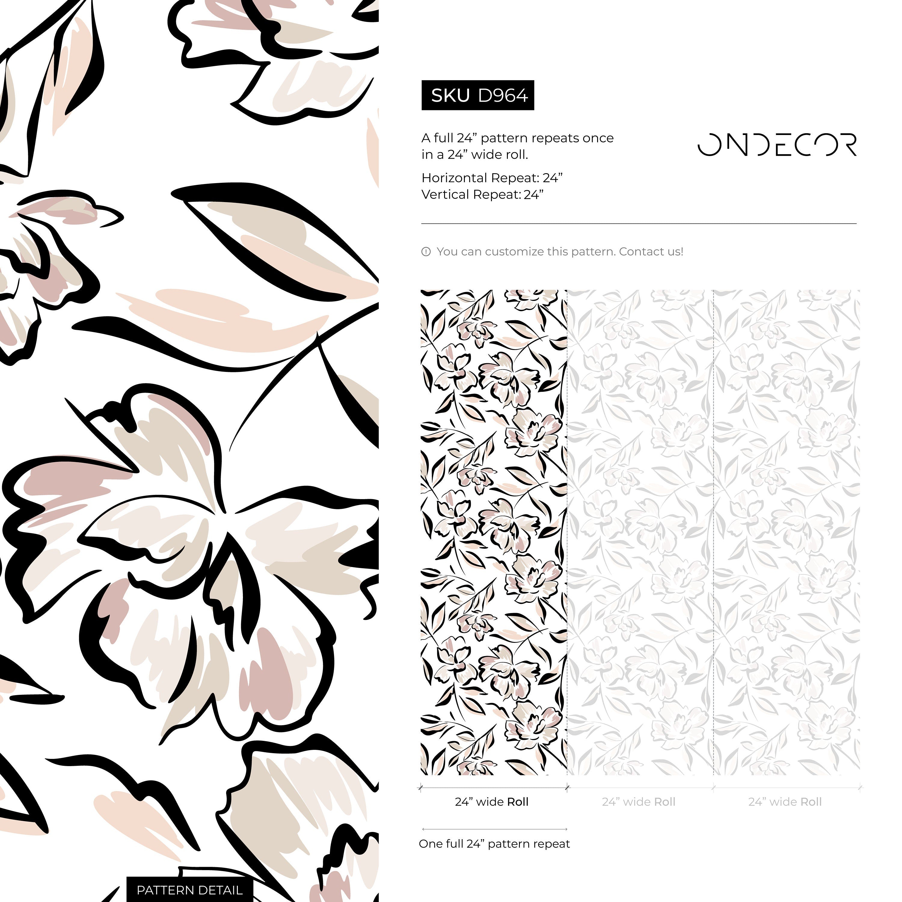 Floral Wallpaper With A Bold Line Art Motif In Black, Pink, And Beige - D964