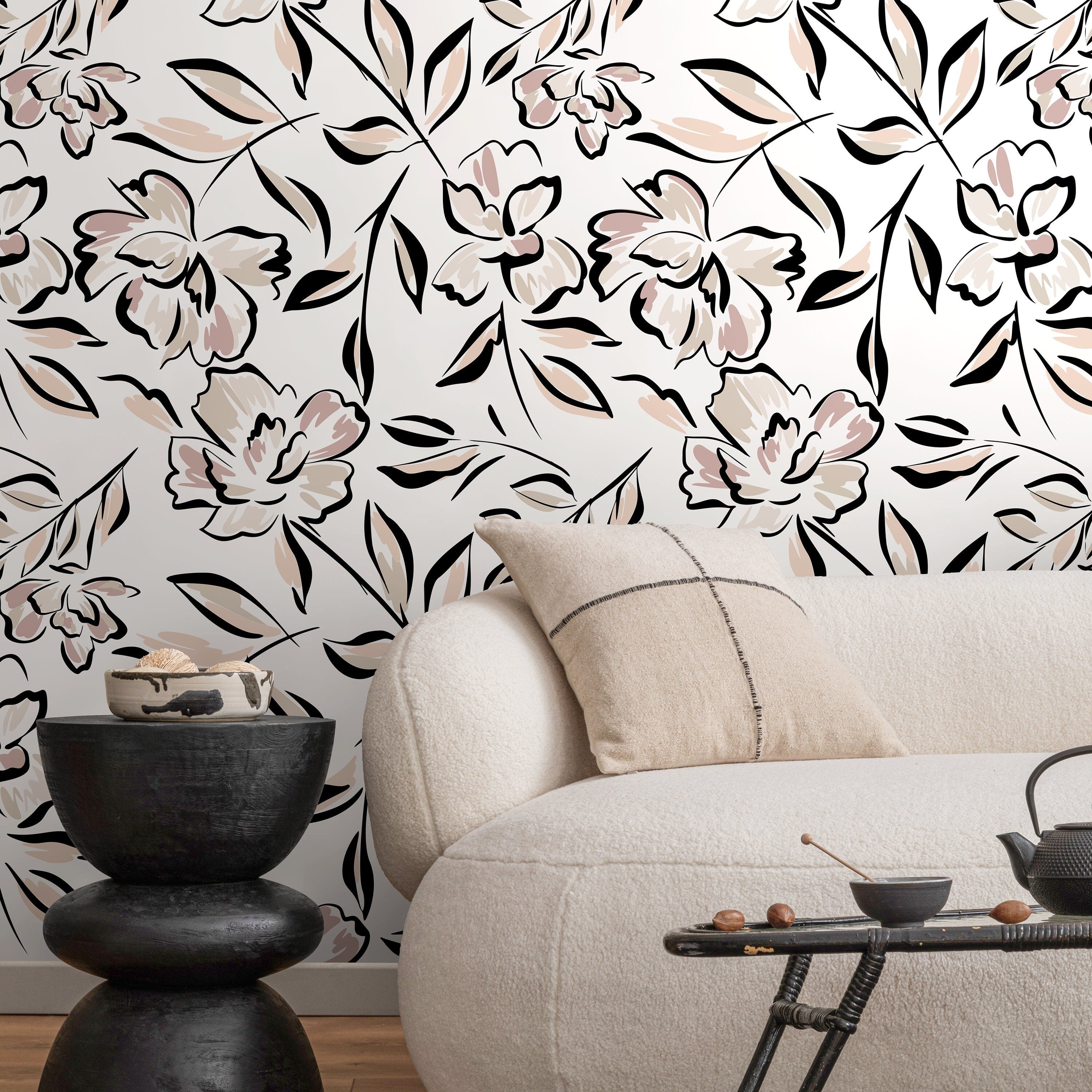 Floral Wallpaper With A Bold Line Art Motif In Black, Pink, And Beige - D964