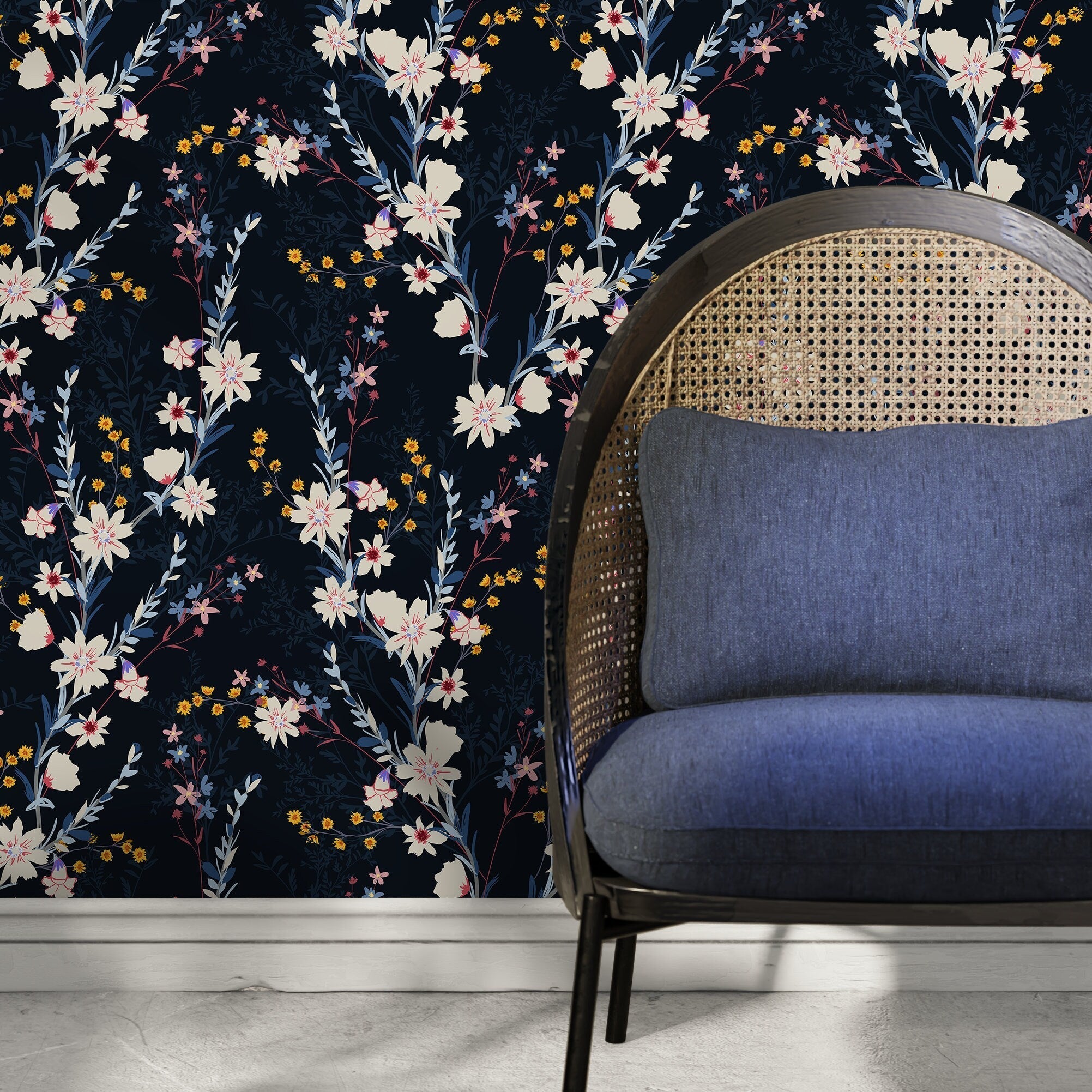 Floral Wallpaper With Delicate Wildflowers In Blue, Cream, And Yellow - D965