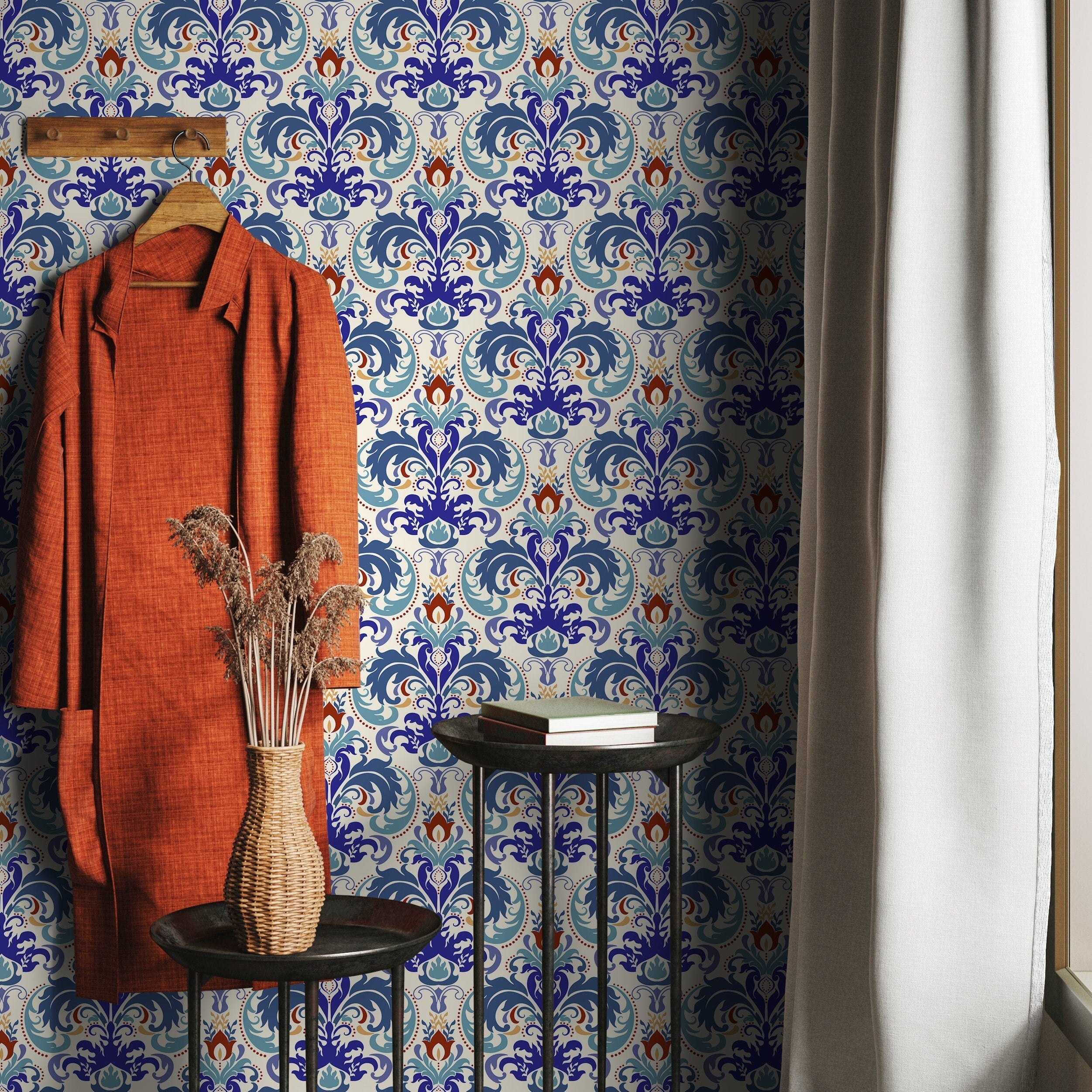 Damask Wallpaper With An Ornate Floral Motif In Blue, Red, And Gold - A119