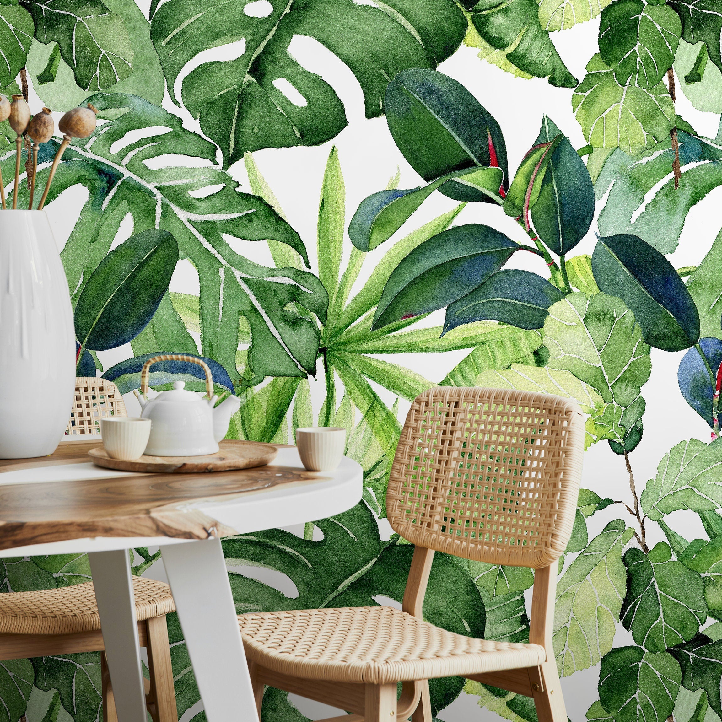 Tropical Wallpaper With A Lush Watercolor Leaf Motif In Green - A744