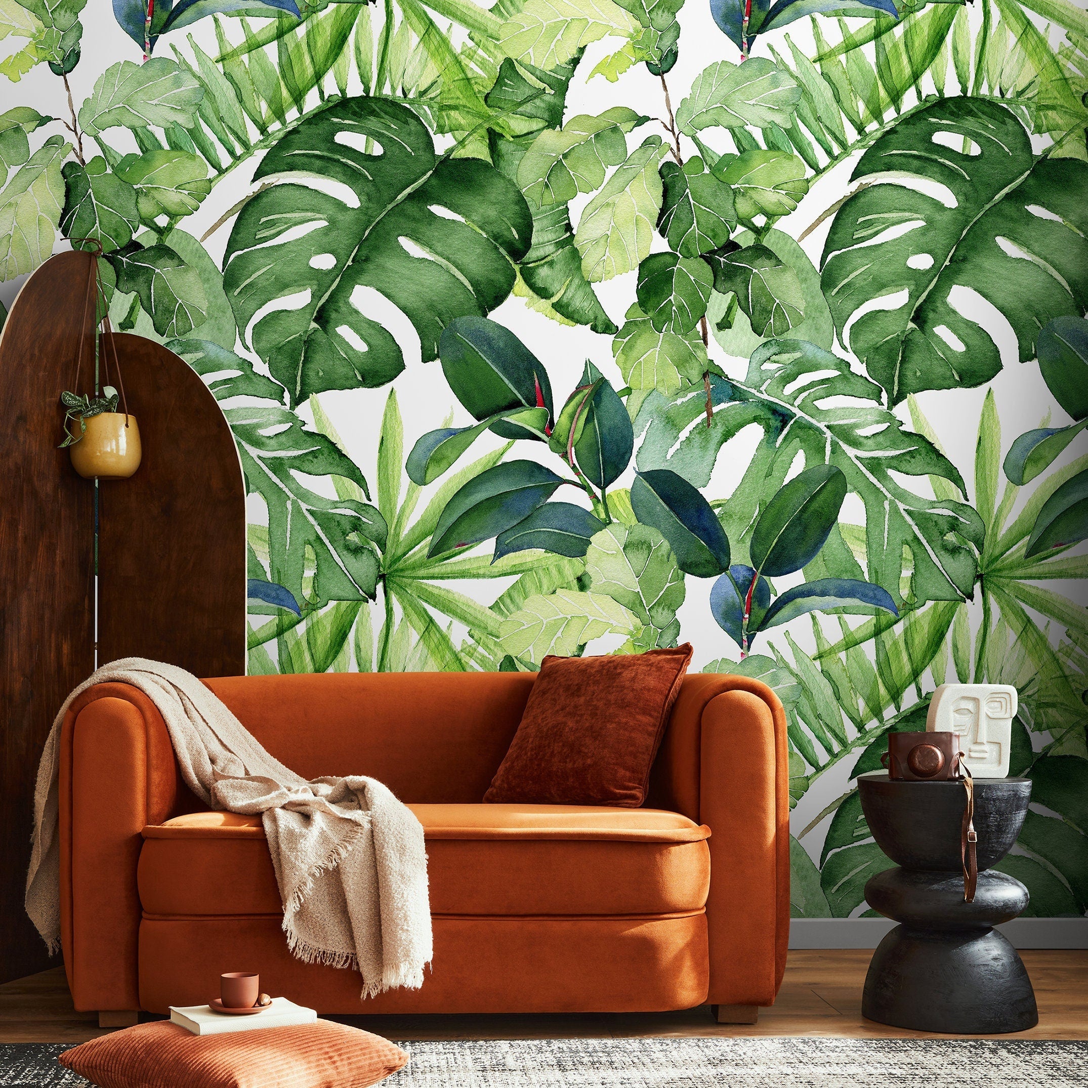 Tropical Wallpaper With A Lush Watercolor Leaf Motif In Green - A744
