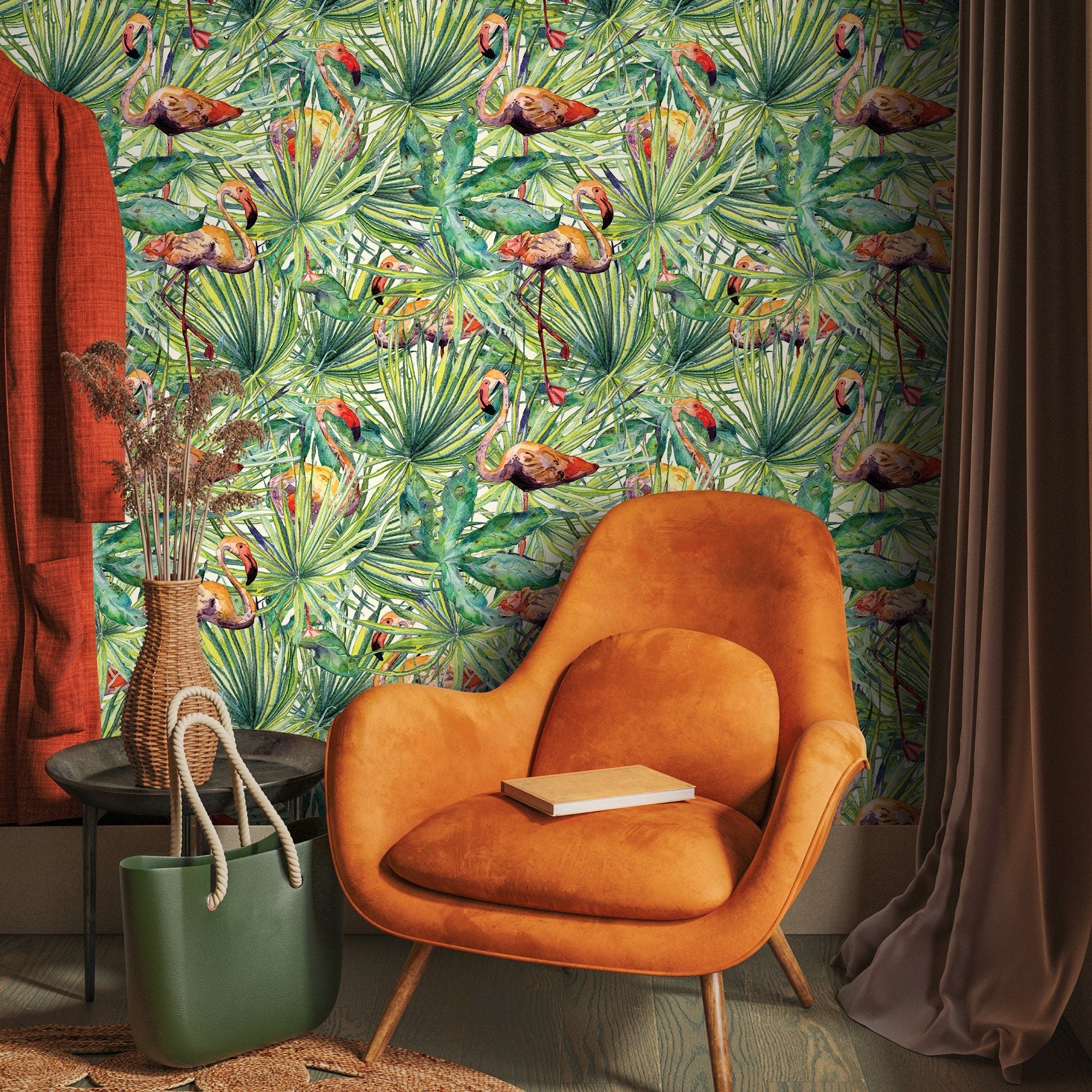 Tropical Wallpaper With Watercolor Flamingos In Green And Pink - A747