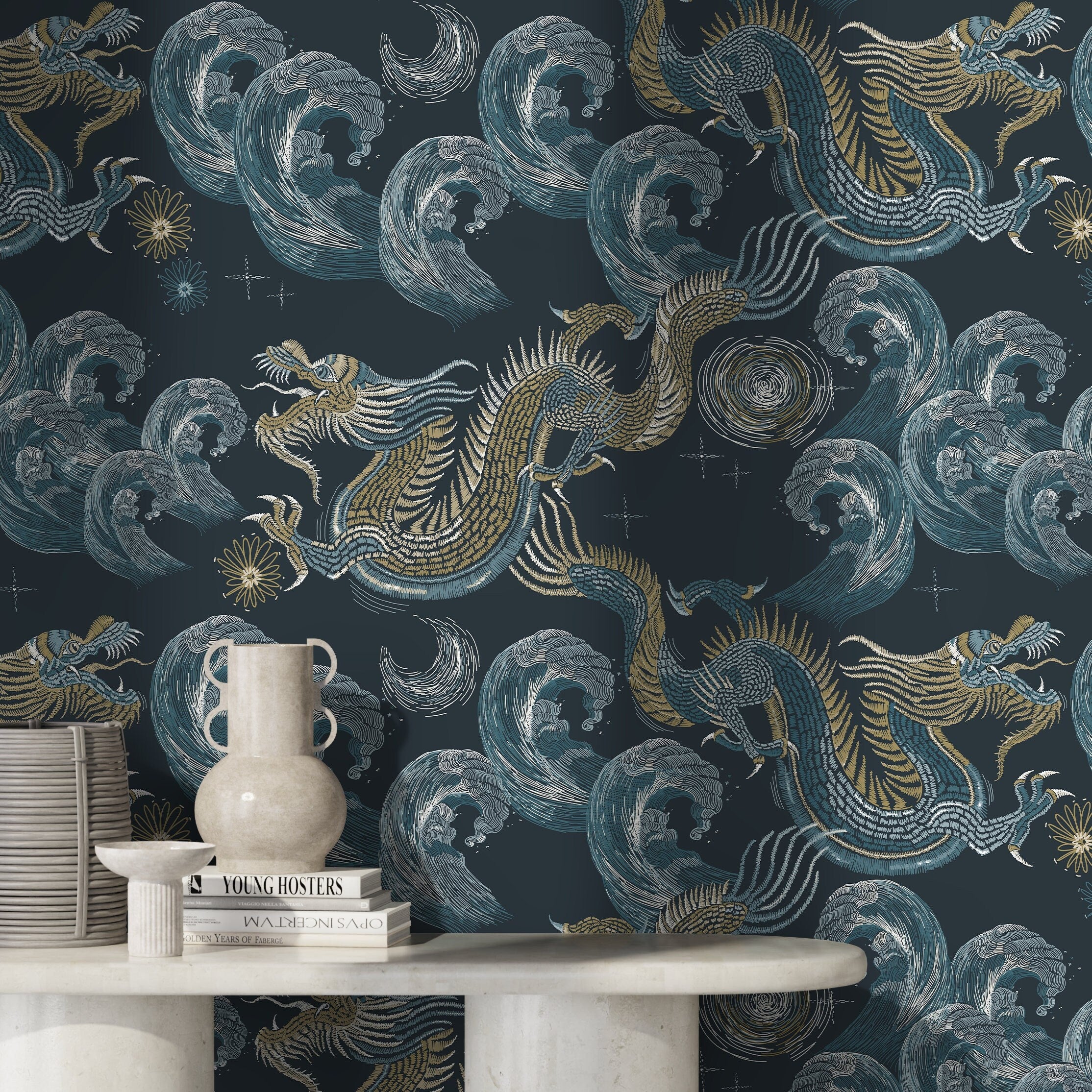 Chinoiserie Wallpaper With Mythical Dragons And Waves In Blue, Gold, And White - D876