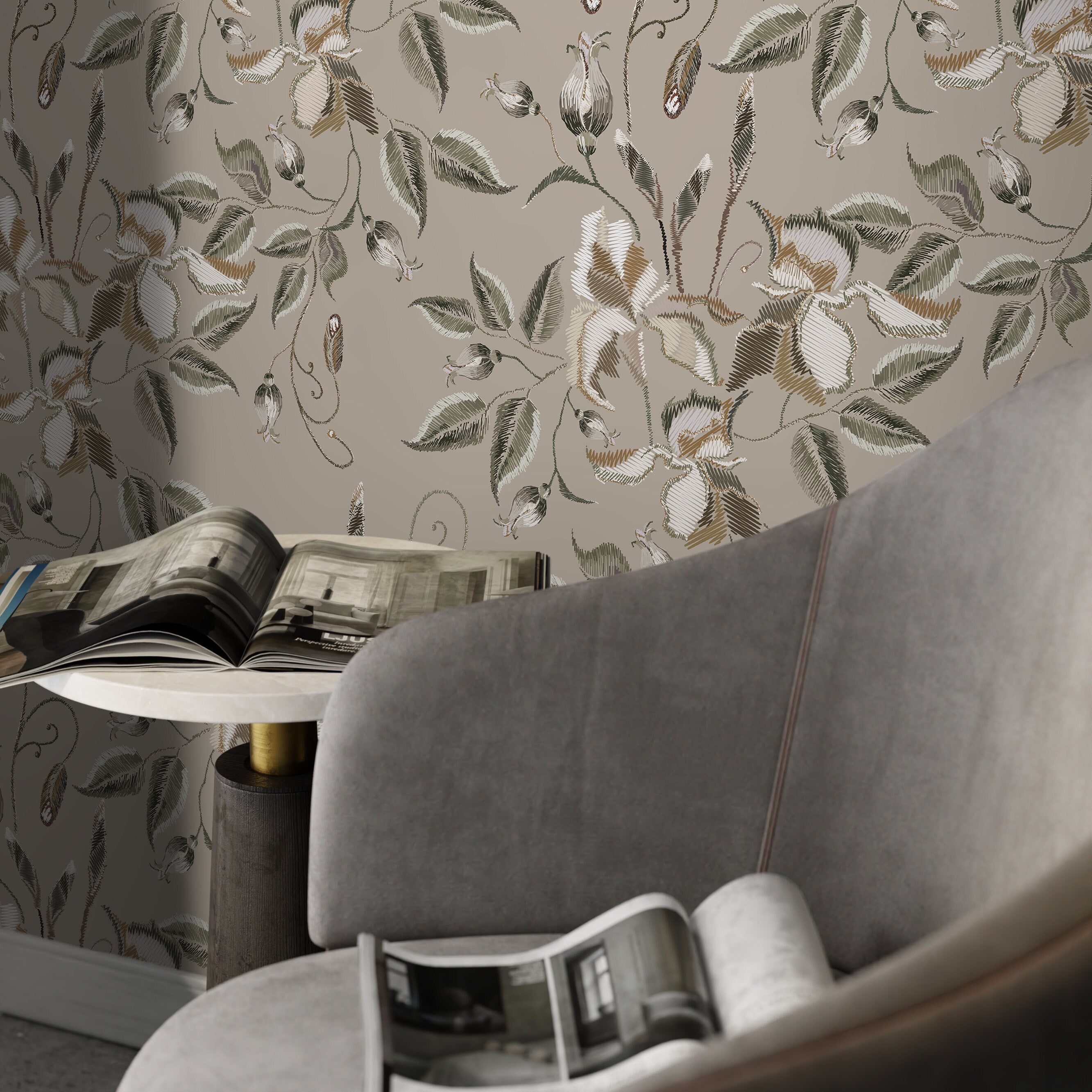Floral Wallpaper With An Embroidered Motif In Green, Brown, And White - D871