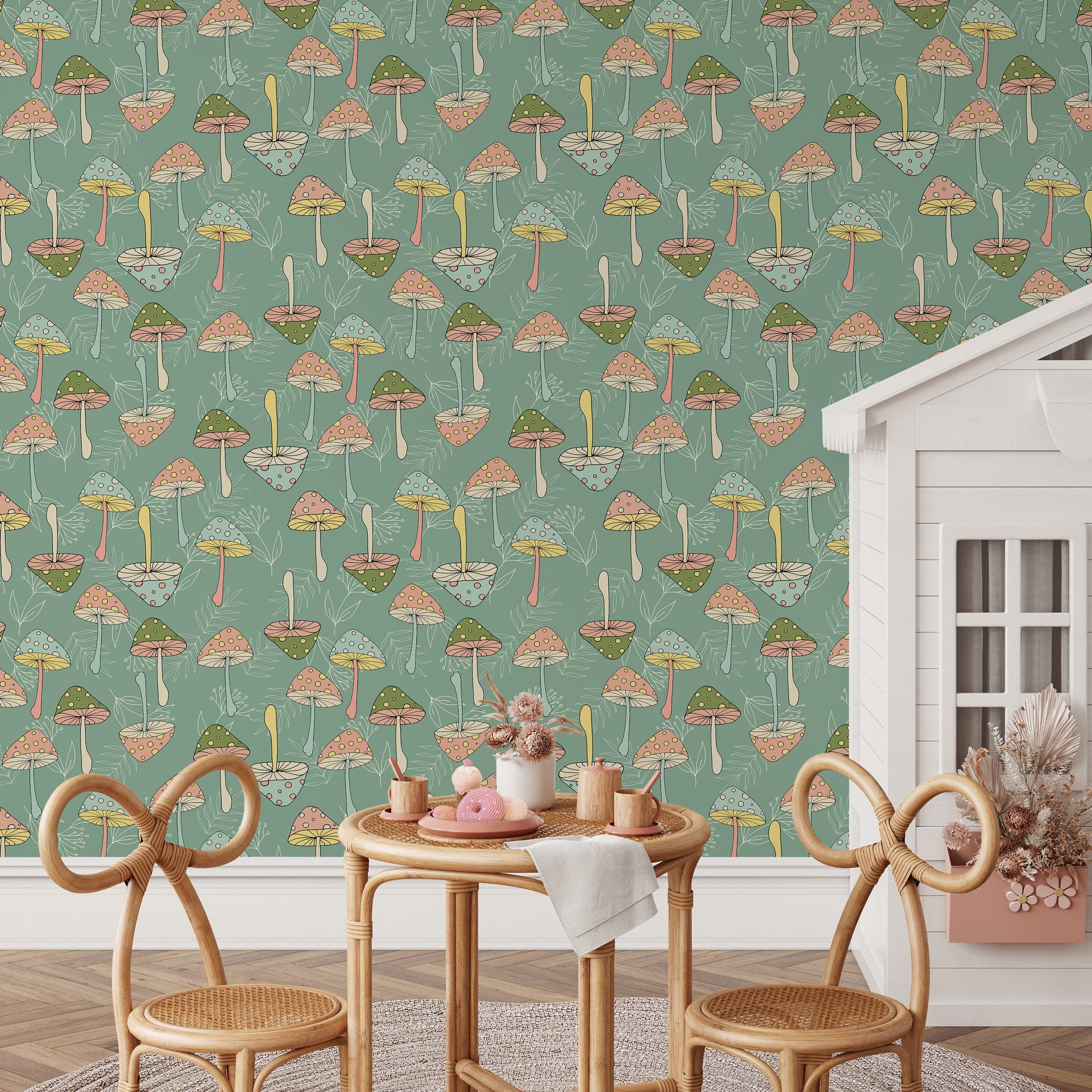 Groovy Wallpaper With A Retro Mushroom Motif In Green, Pink, And Blue - D891