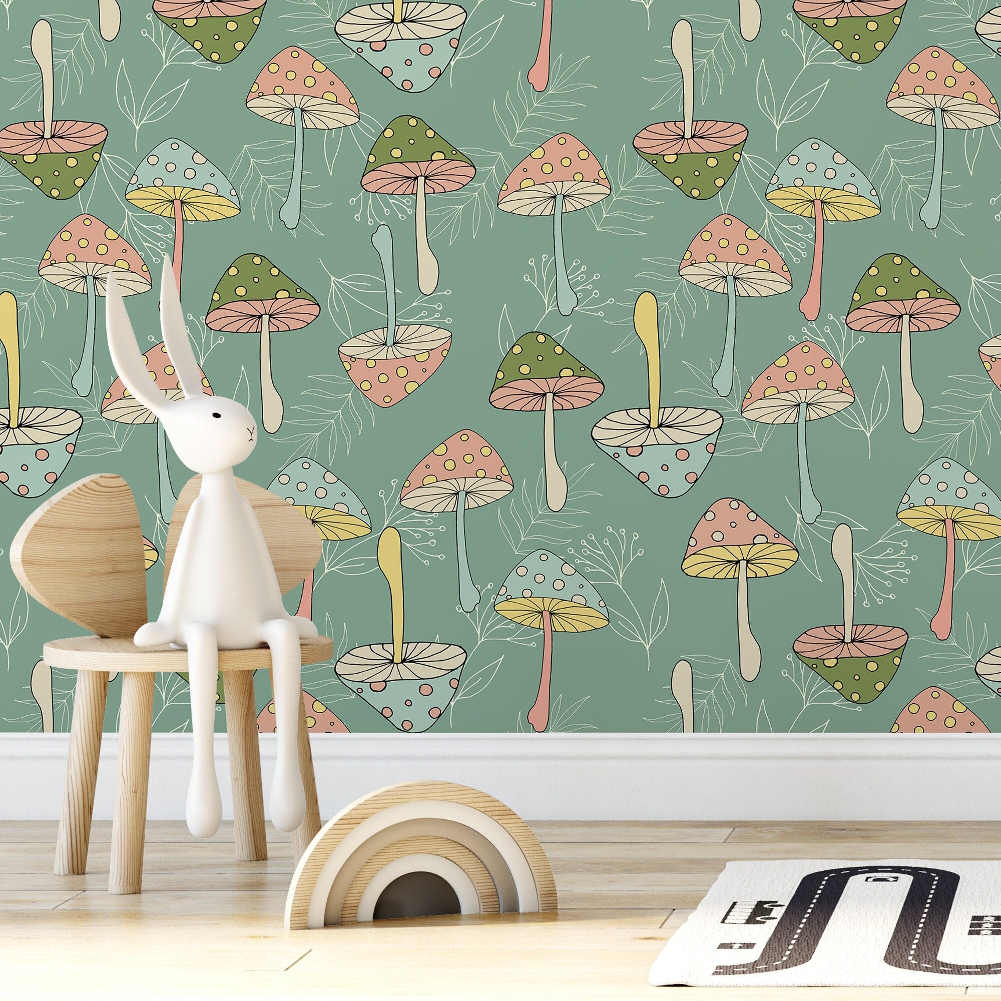 Groovy Wallpaper With A Retro Mushroom Motif In Green, Pink, And Blue - D891
