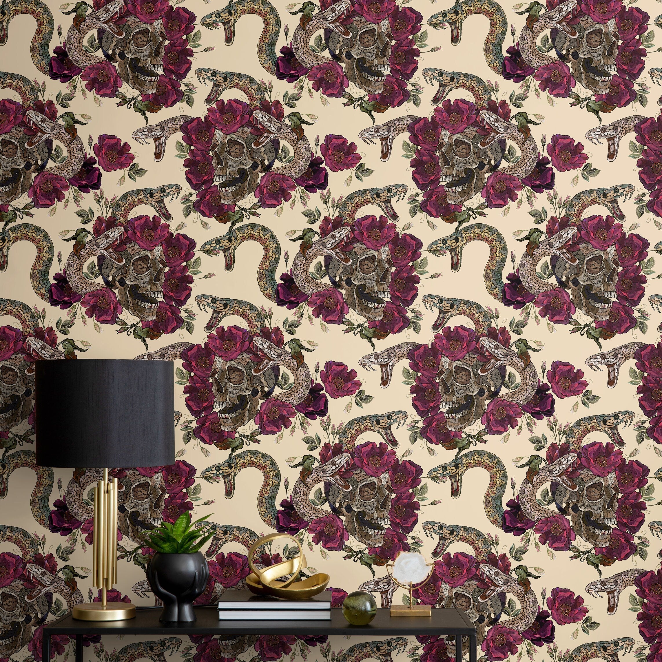 Gothic Wallpaper With Skulls, Snakes, And Roses In Burgundy And Brown - D902