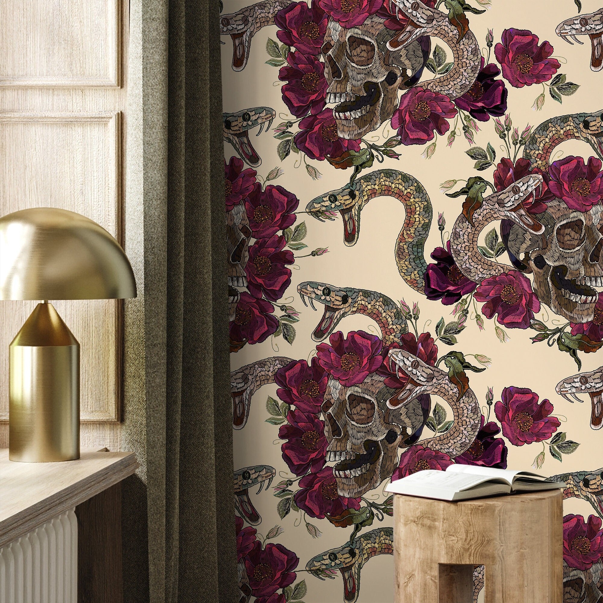 Gothic Wallpaper With Skulls, Snakes, And Roses In Burgundy And Brown - D902