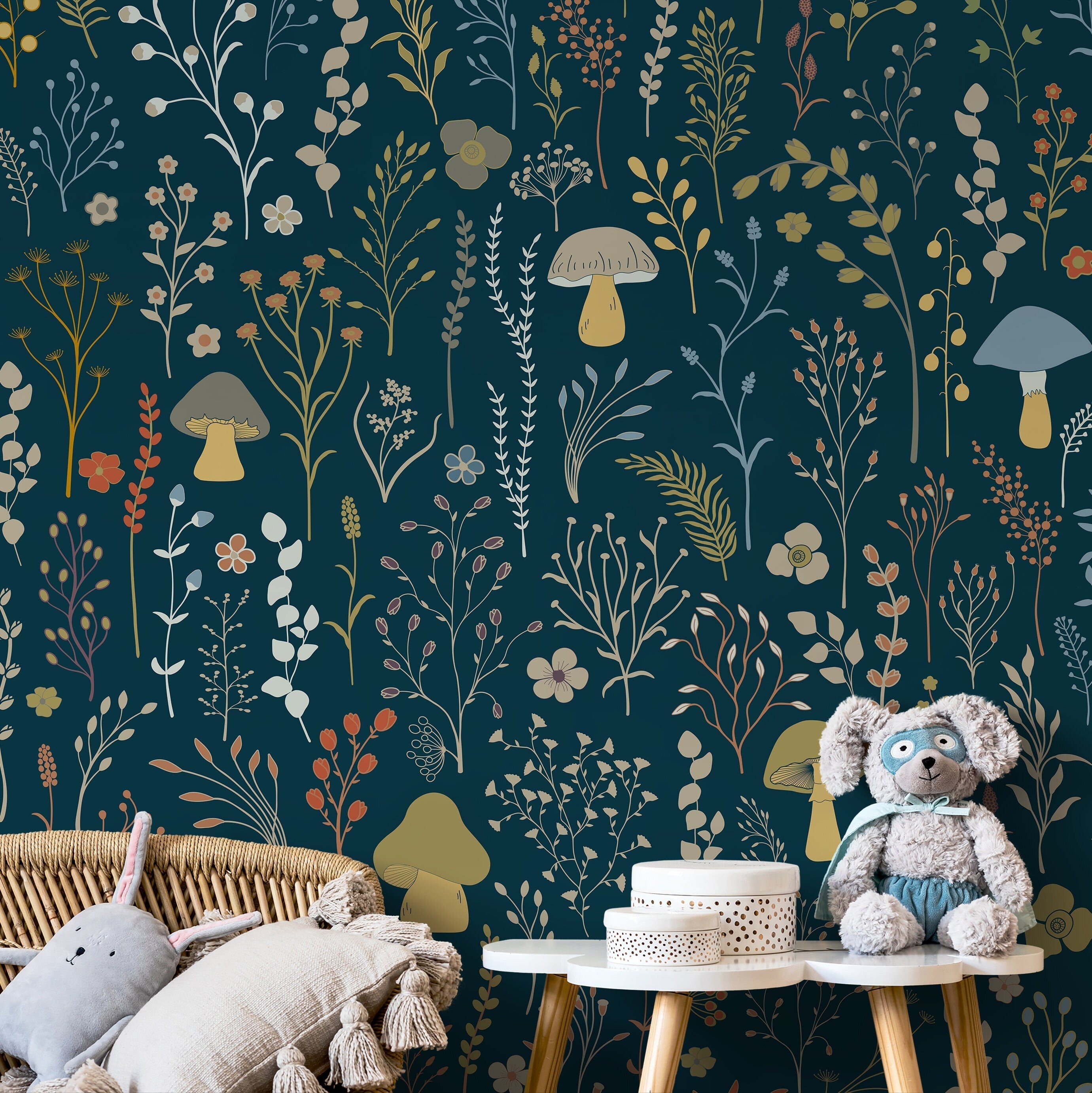Botanical Wallpaper With Whimsical Mushrooms And Wildflowers In Teal, Green, And Orange - D911