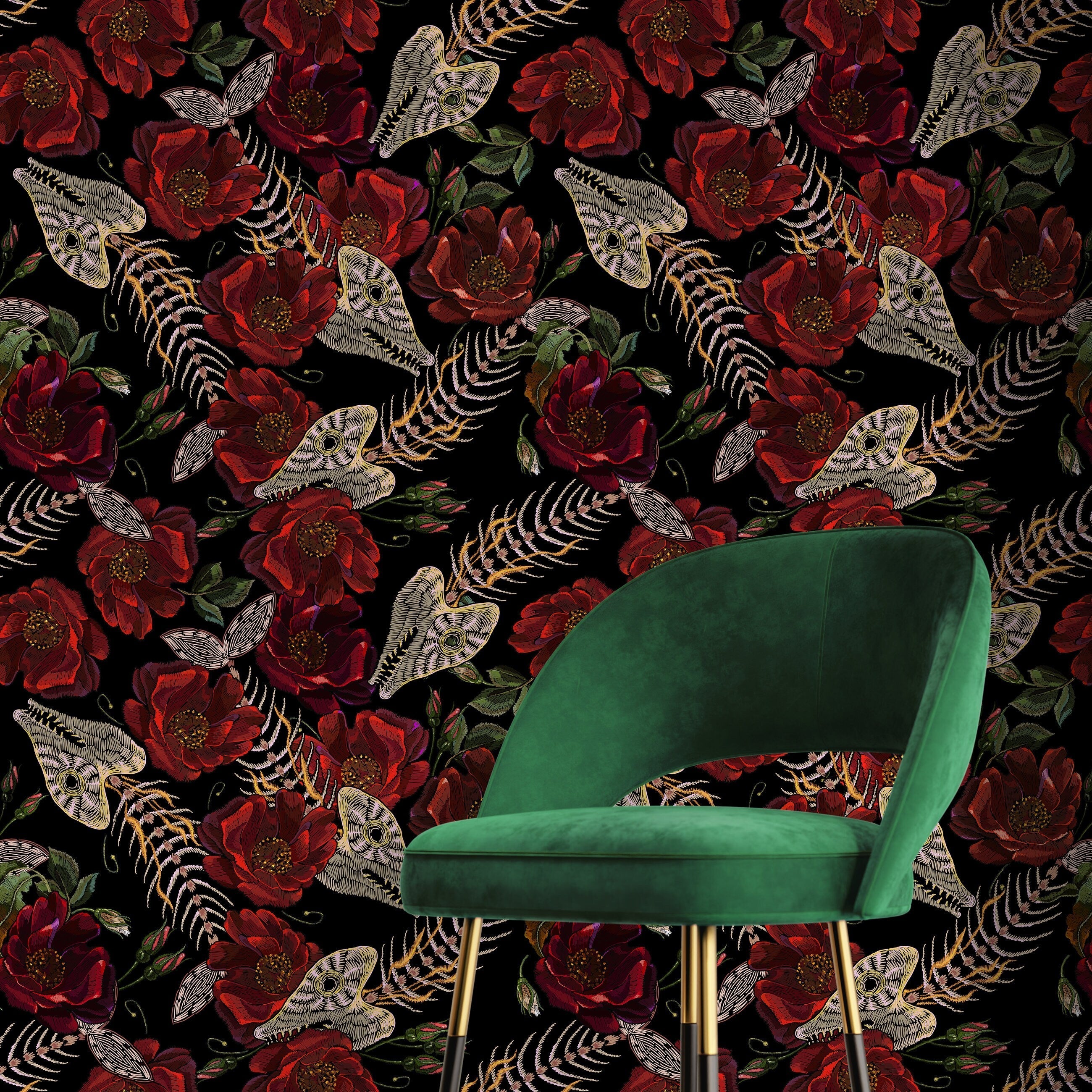 Gothic Wallpaper With Fish Skeletons And Red Roses In Black And Beige - D912