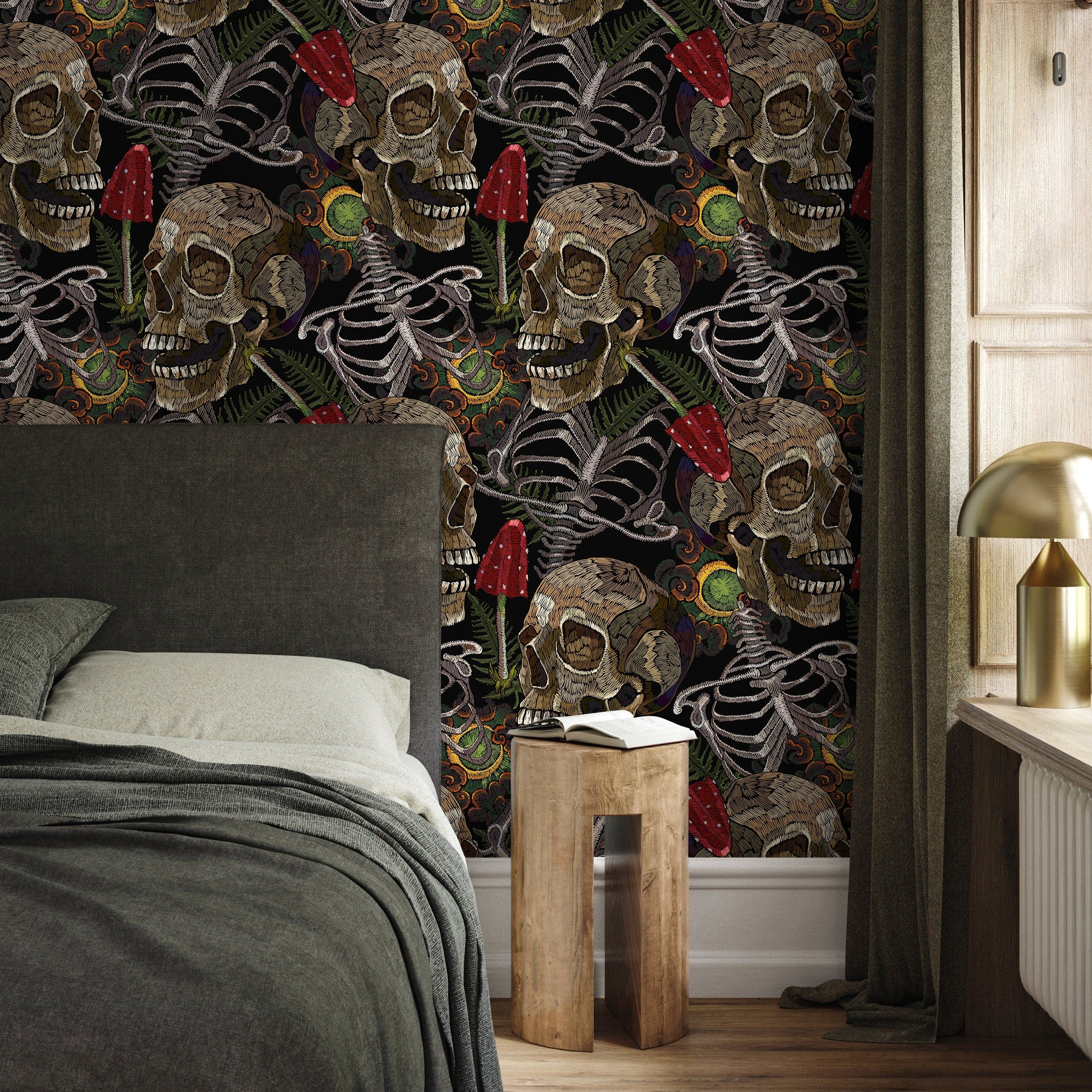 Gothic Wallpaper Featuring Skulls And Ferns In Brown, Green, And Red - D917