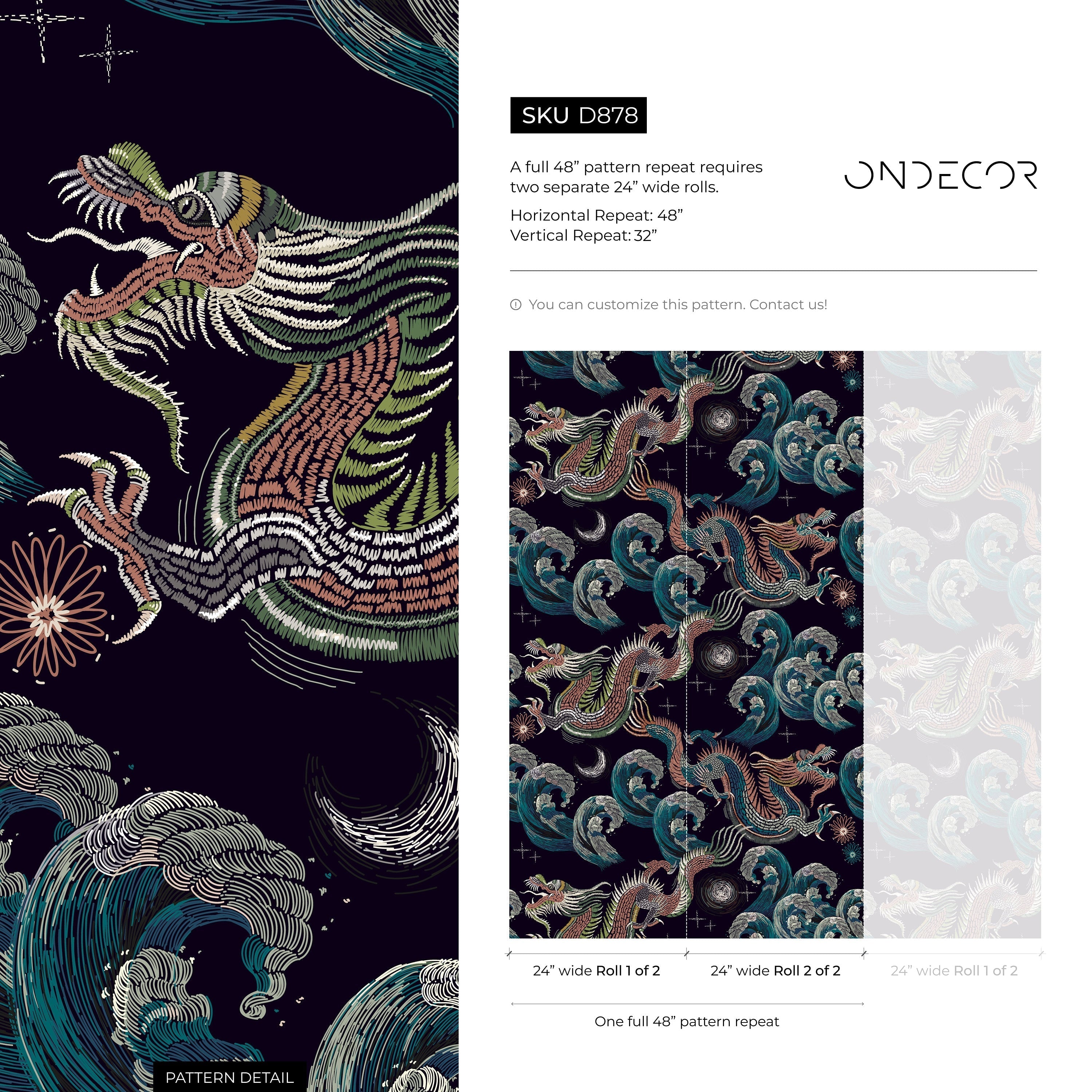 Chinoiserie Wallpaper With An Embroidered Dragon Motif In Teal, Terracotta, And Navy - D878
