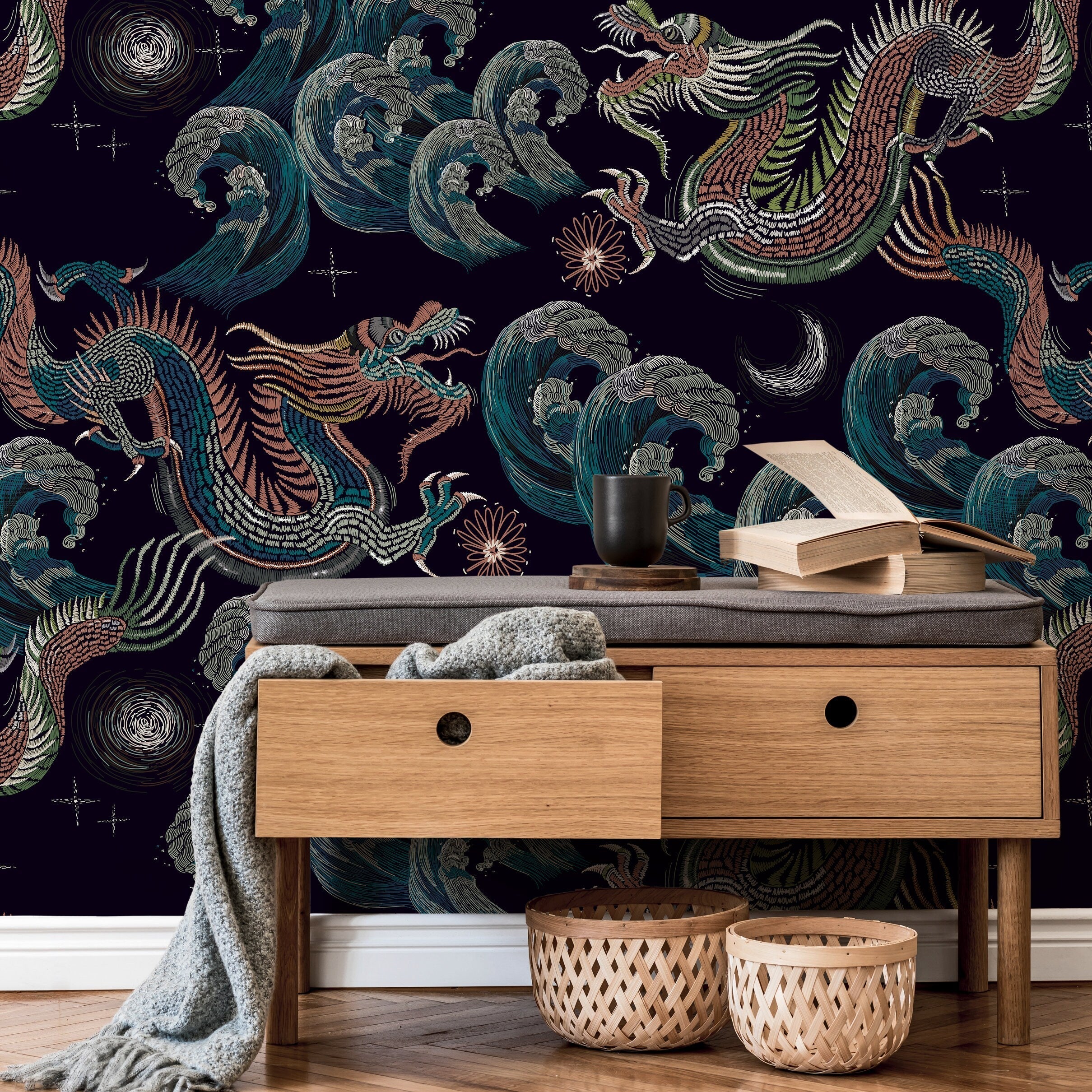 Chinoiserie Wallpaper With An Embroidered Dragon Motif In Teal, Terracotta, And Navy - D878